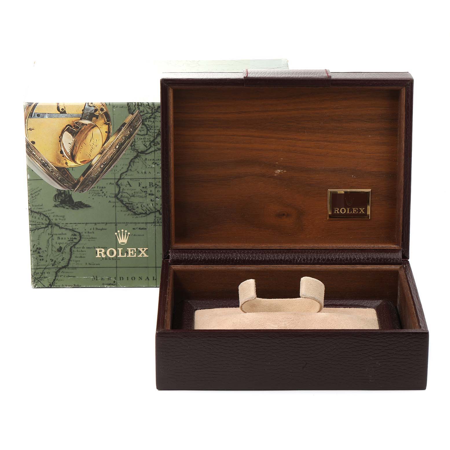 The image shows the packaging for a Rolex President 18038 Men's Yellow Gold Champagne Dial 18038 Men's Yellow Gold Champagne Dial model, including a wooden box and an outer cardboard box.