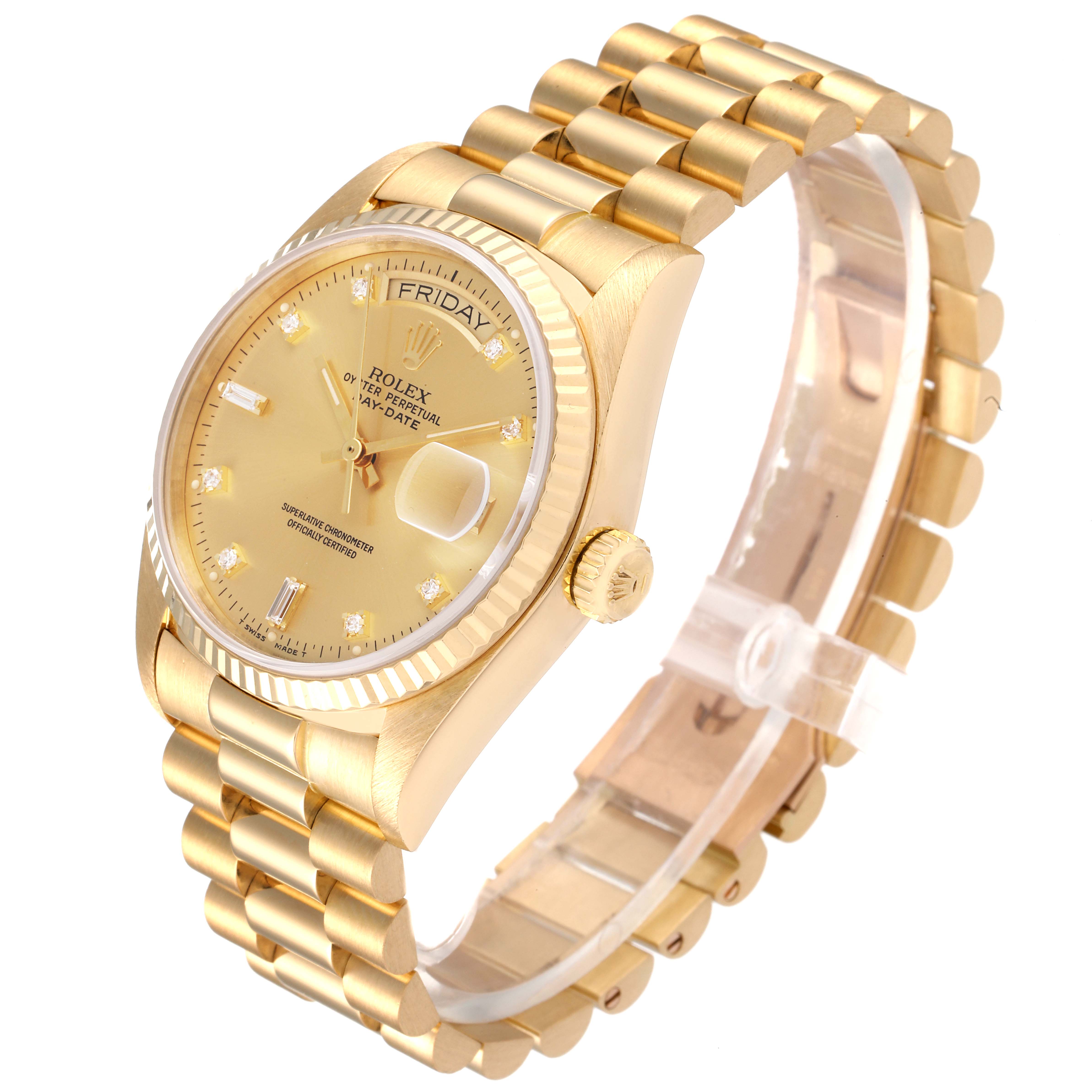 The image shows a side angle of the Rolex President 18038 Men's Yellow Gold Champagne Dial 18038 Men's Yellow Gold Champagne Dial model watch, highlighting its gold case, link bracelet, and dial.