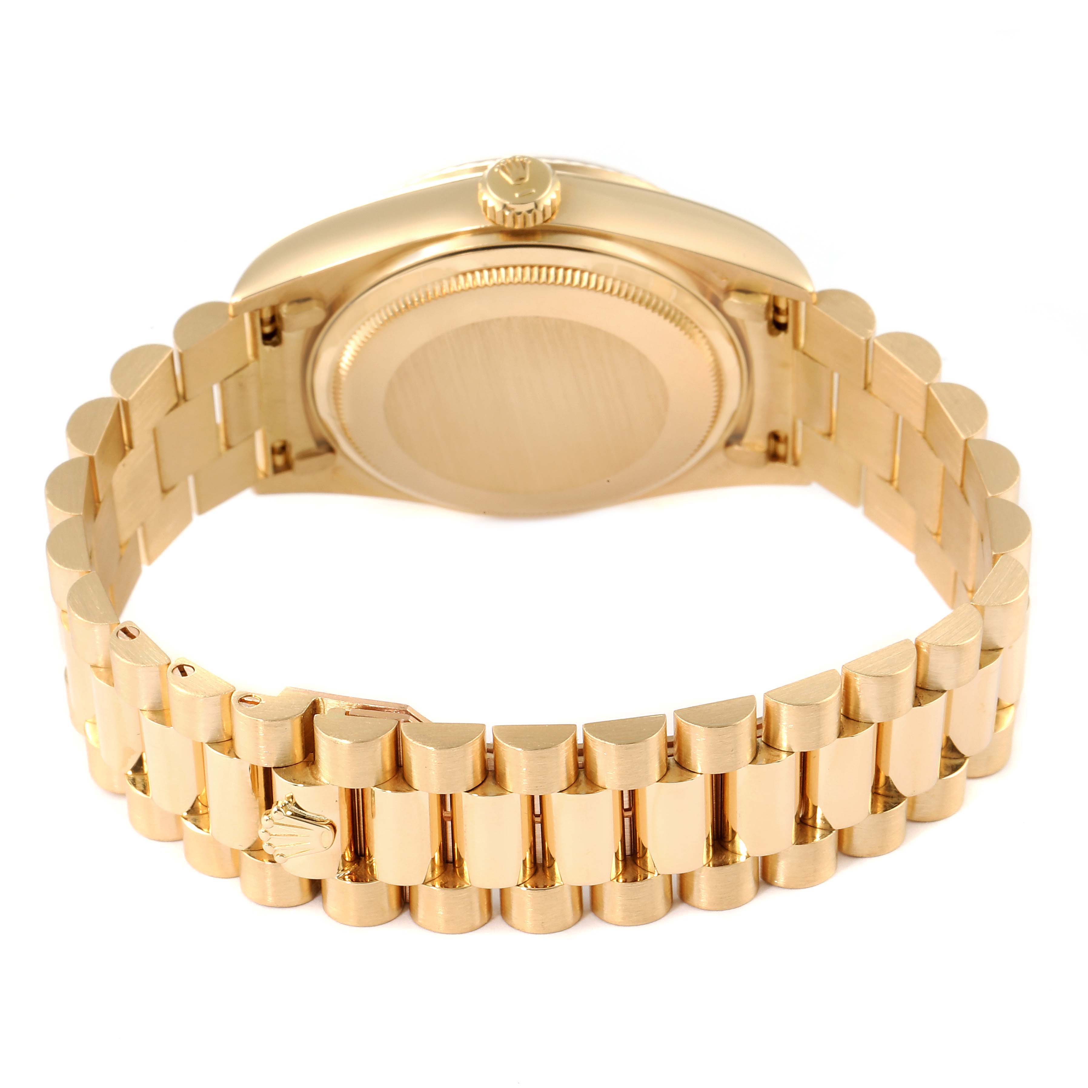 This image shows a side view of a Rolex President 18038 Men's Yellow Gold Champagne Dial 18038 Men's Yellow Gold Champagne Dial model watch, highlighting the case back and gold bracelet.