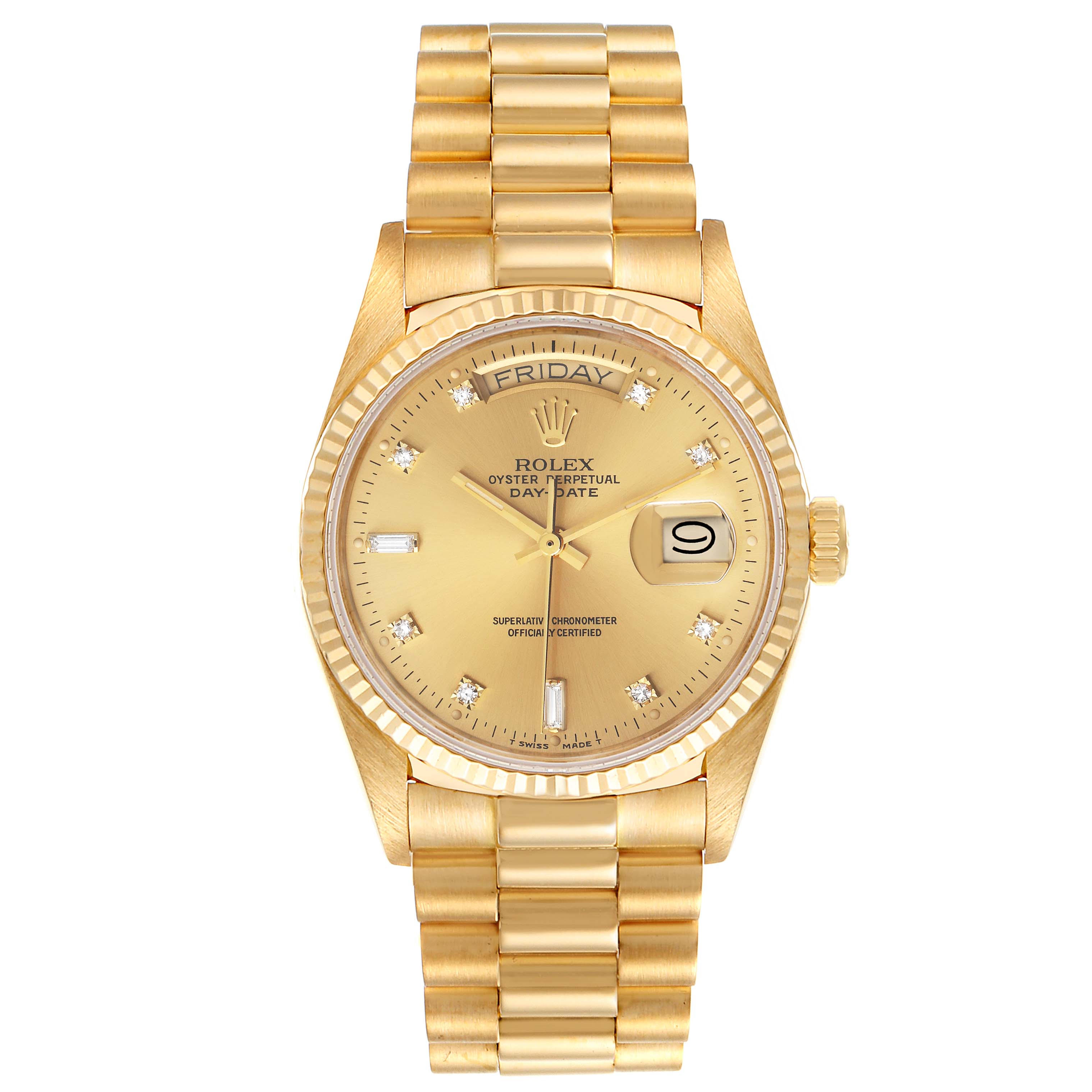 The image shows a front view of a Rolex President 18038 Men's Yellow Gold Champagne Dial 18038 Men's Yellow Gold Champagne Dial model watch, displaying its gold bracelet, dial, and day-date function.