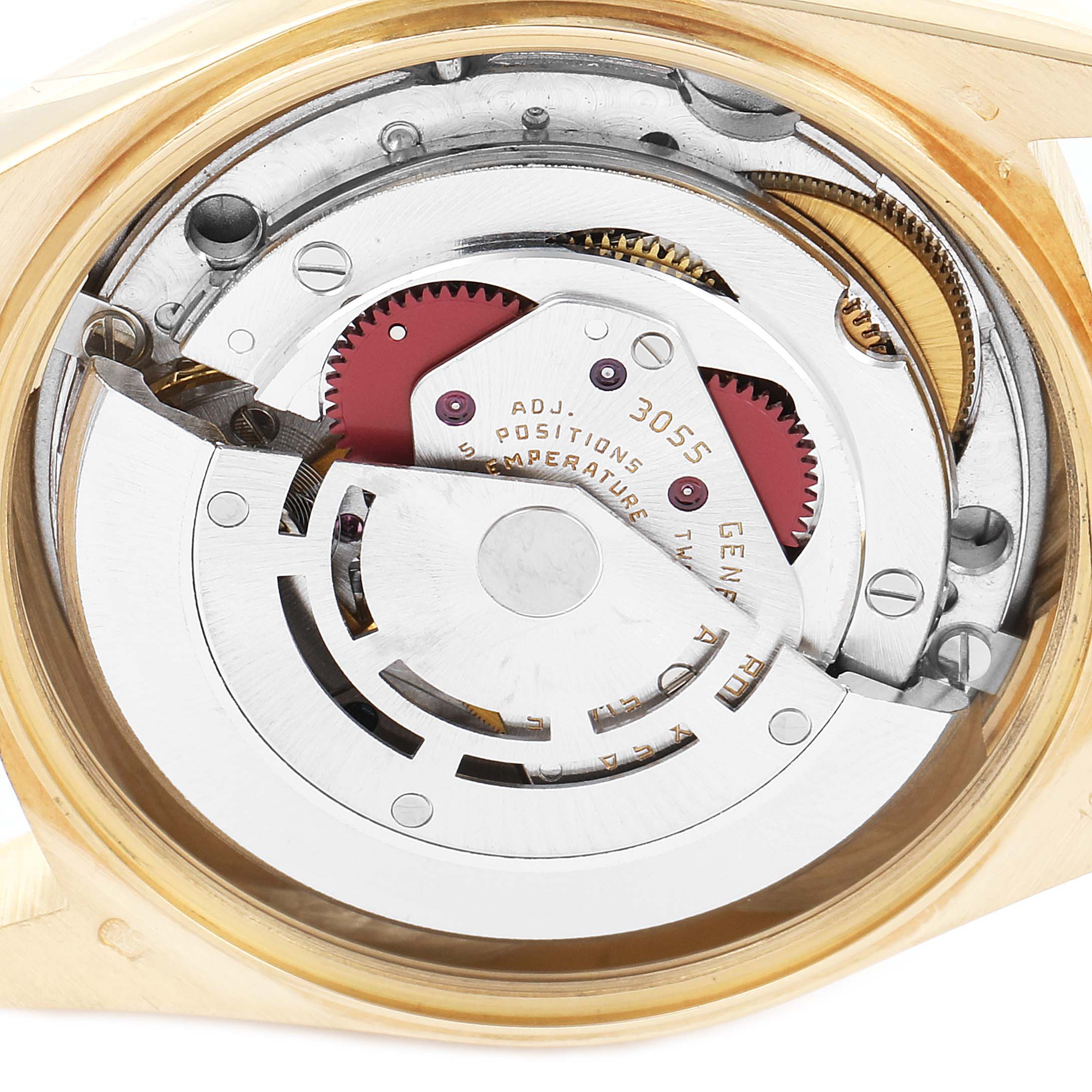 The image shows a close-up view of the movement and internal mechanism of a Rolex President 18038 Men's Yellow Gold Champagne Dial 18038 Men's Yellow Gold Champagne Dial model watch.