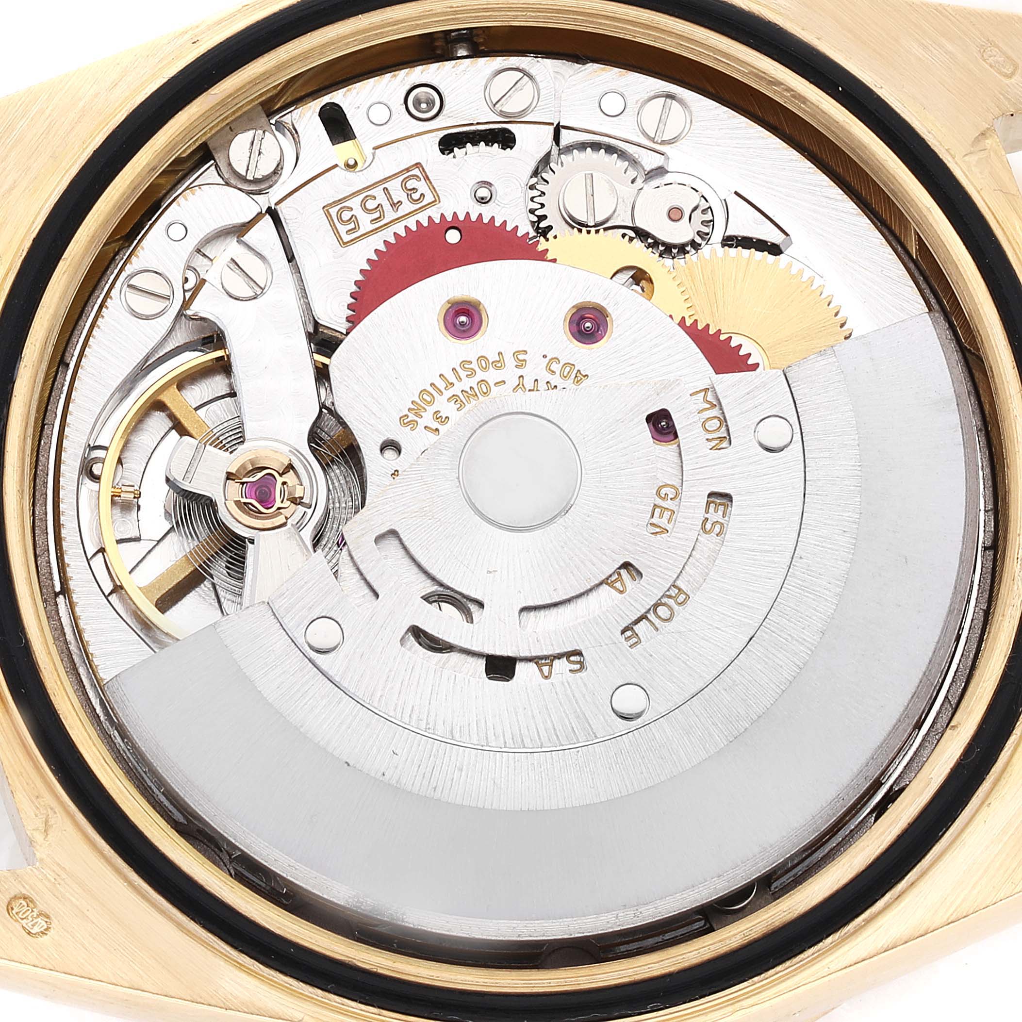The image shows an internal view of the Rolex President 18388 Men
s Yellow Gold Champagne Dial 18388 Men
s Yellow Gold Champagne Dial model watch, highlighting its intricate mechanical movement parts.