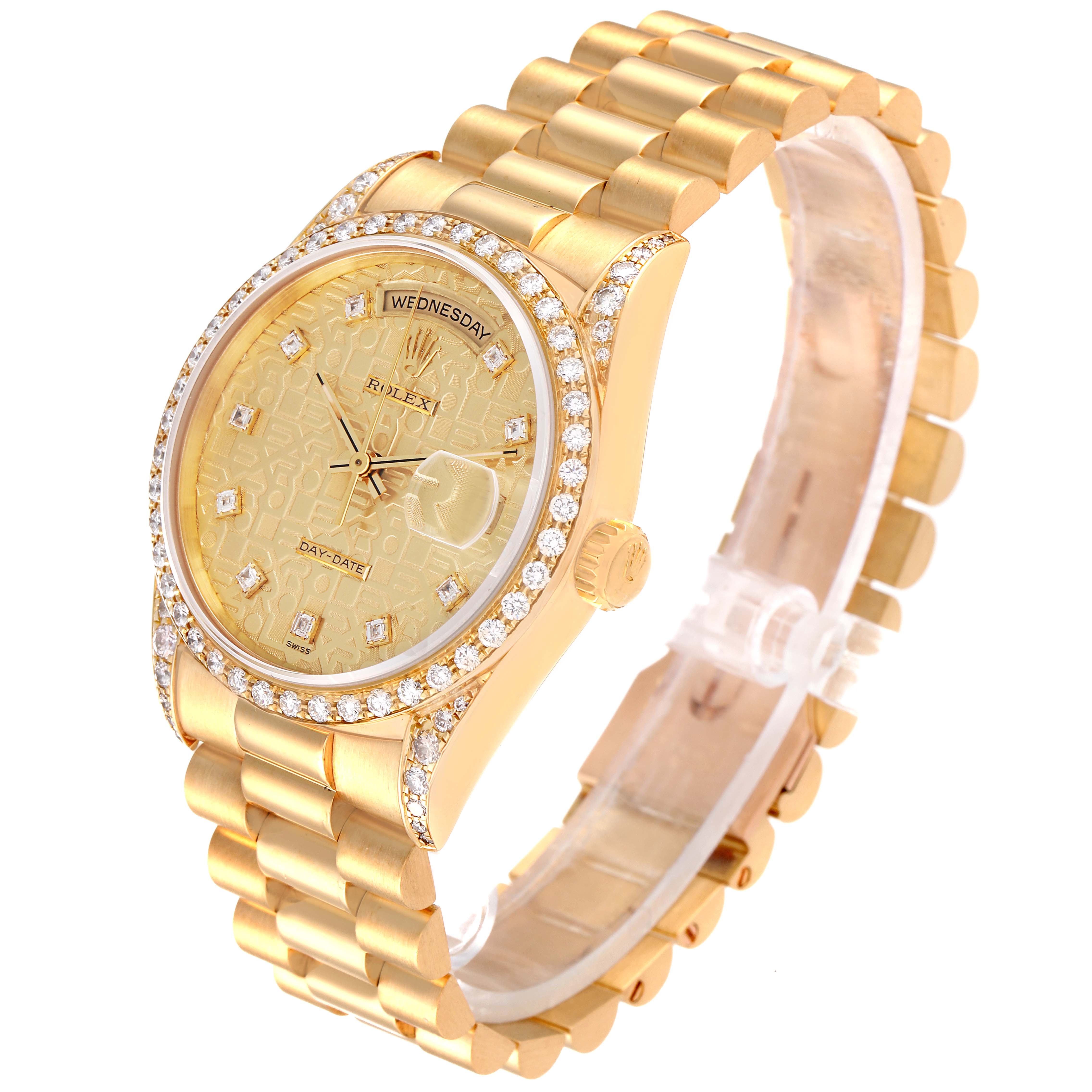 This image shows a Rolex President 18388 Men
s Yellow Gold Champagne Dial 18388 Men
s Yellow Gold Champagne Dial model watch from a front angle, highlighting the dial, bezel, and bracelet.