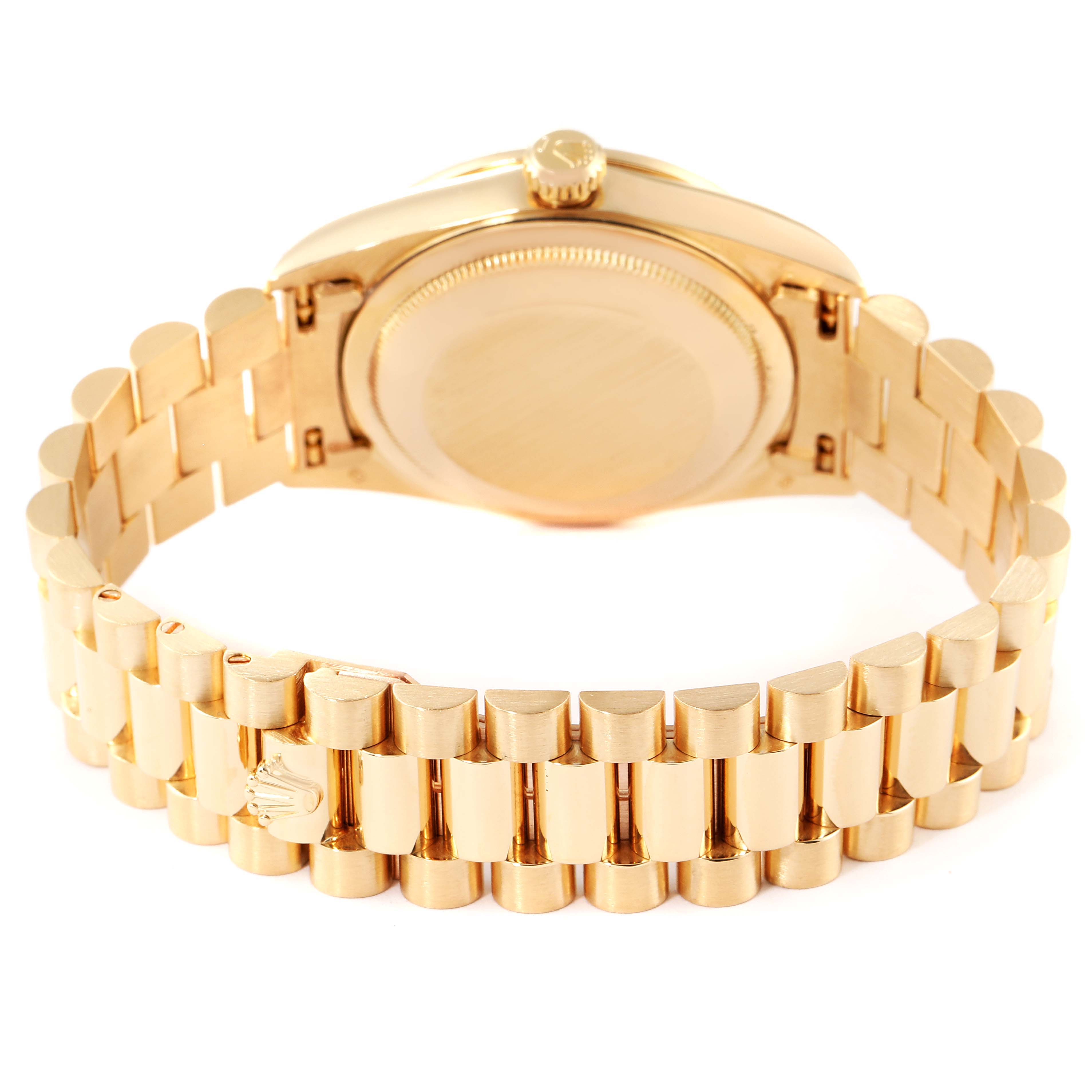 This image shows the back and bracelet of the Rolex President 18388 Men
s Yellow Gold Champagne Dial 18388 Men
s Yellow Gold Champagne Dial model, viewed from the rear.