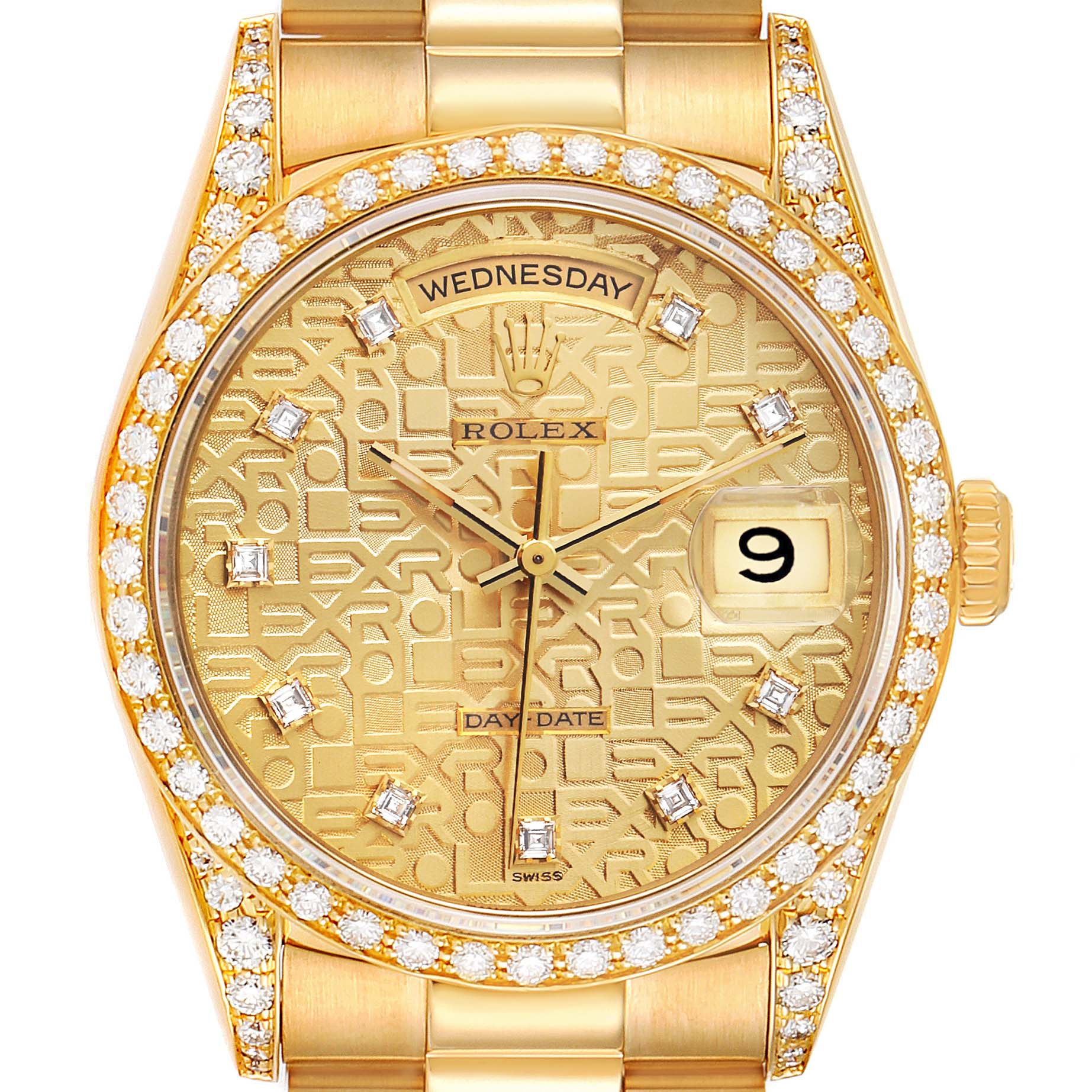 The image shows a front view of the Rolex President 18388 Men
s Yellow Gold Champagne Dial 18388 Men
s Yellow Gold Champagne Dial model watch, highlighting its gold dial, diamond bezel, and day-date display.