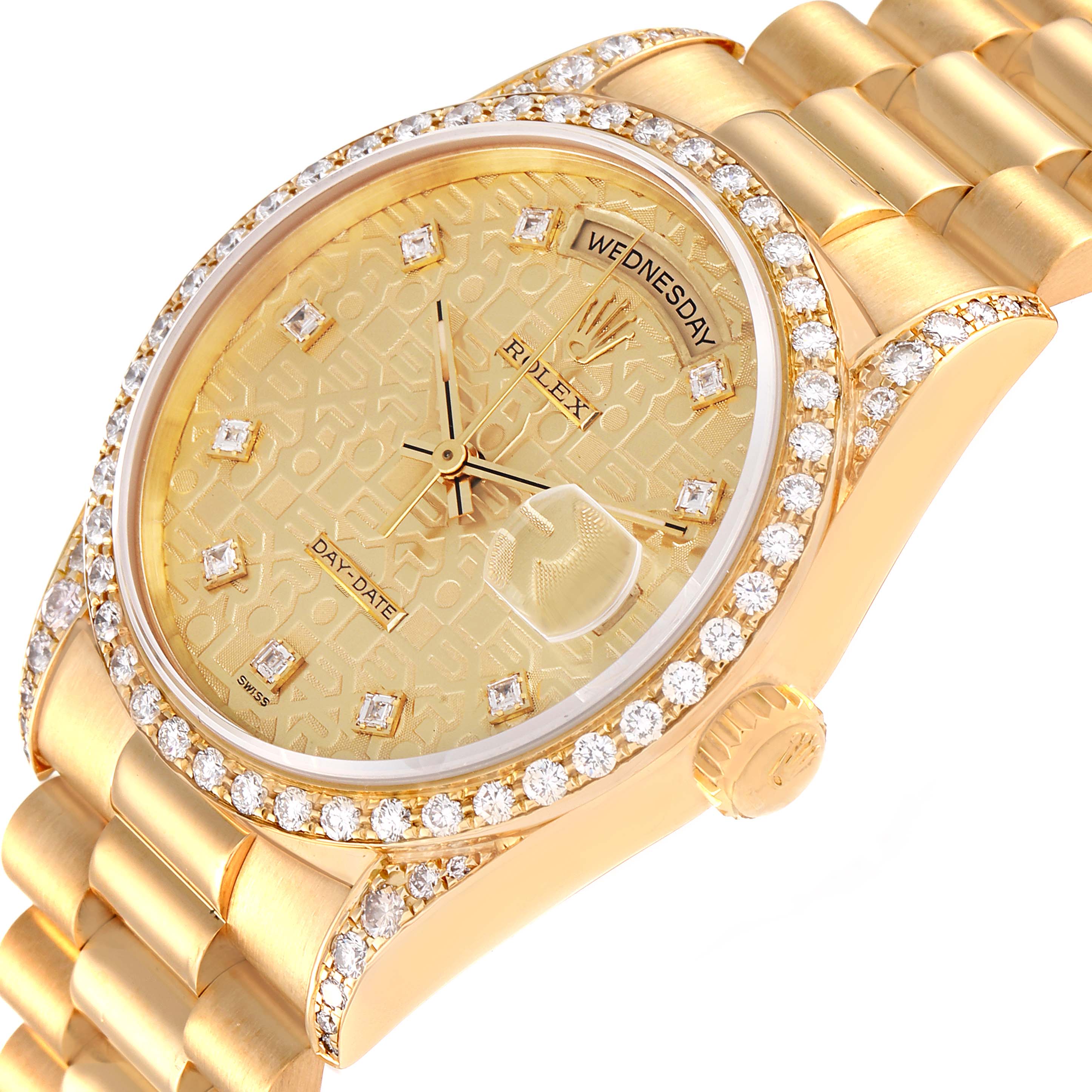 This image shows the face, bezel, and part of the bracelet of a gold Rolex President 18388 Men
s Yellow Gold Champagne Dial 18388 Men
s Yellow Gold Champagne Dial model watch.