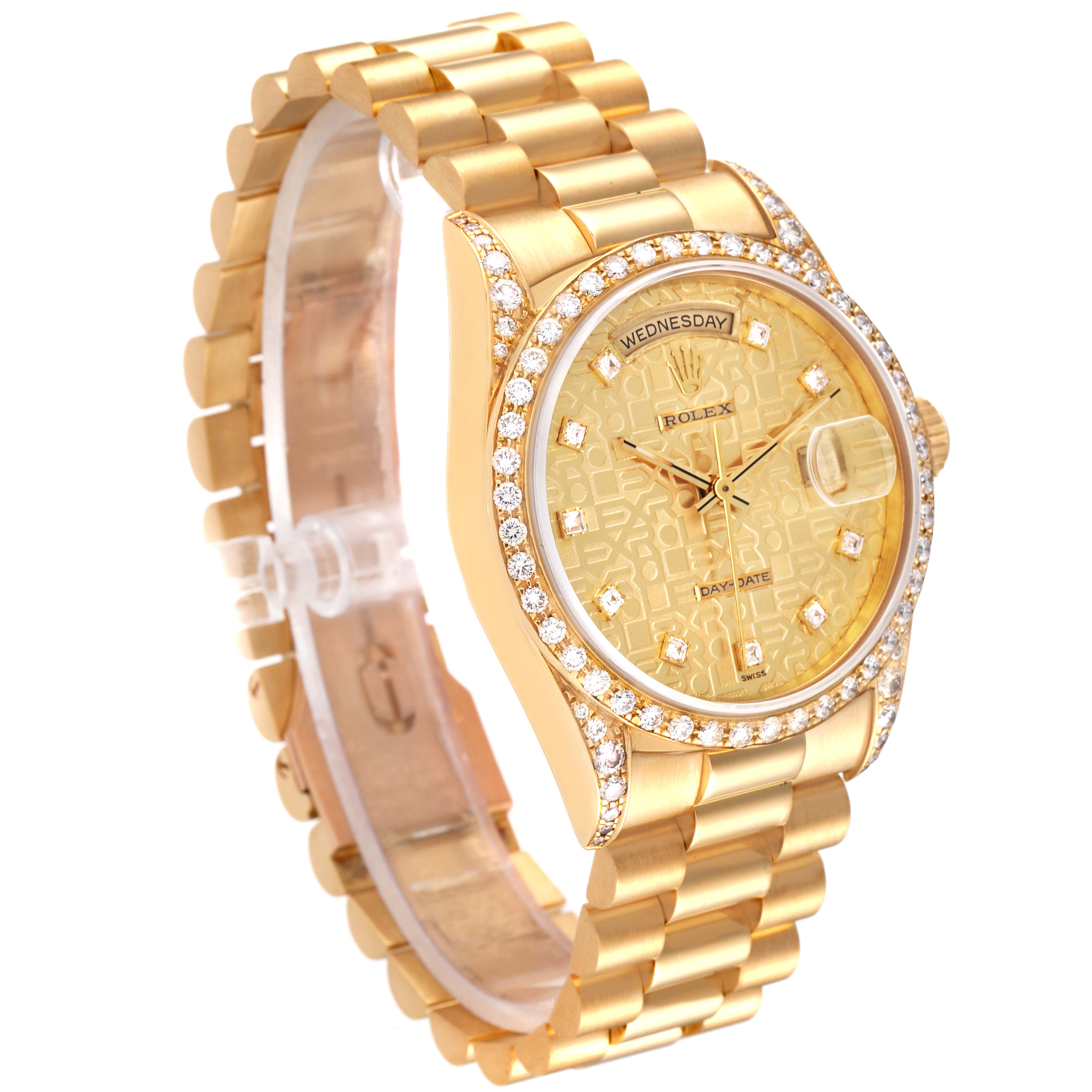 The image shows a side and frontal angle of the Rolex President 18388 Men
s Yellow Gold Champagne Dial 18388 Men
s Yellow Gold Champagne Dial model, highlighting the gold bracelet, diamond bezel, and detailed face.