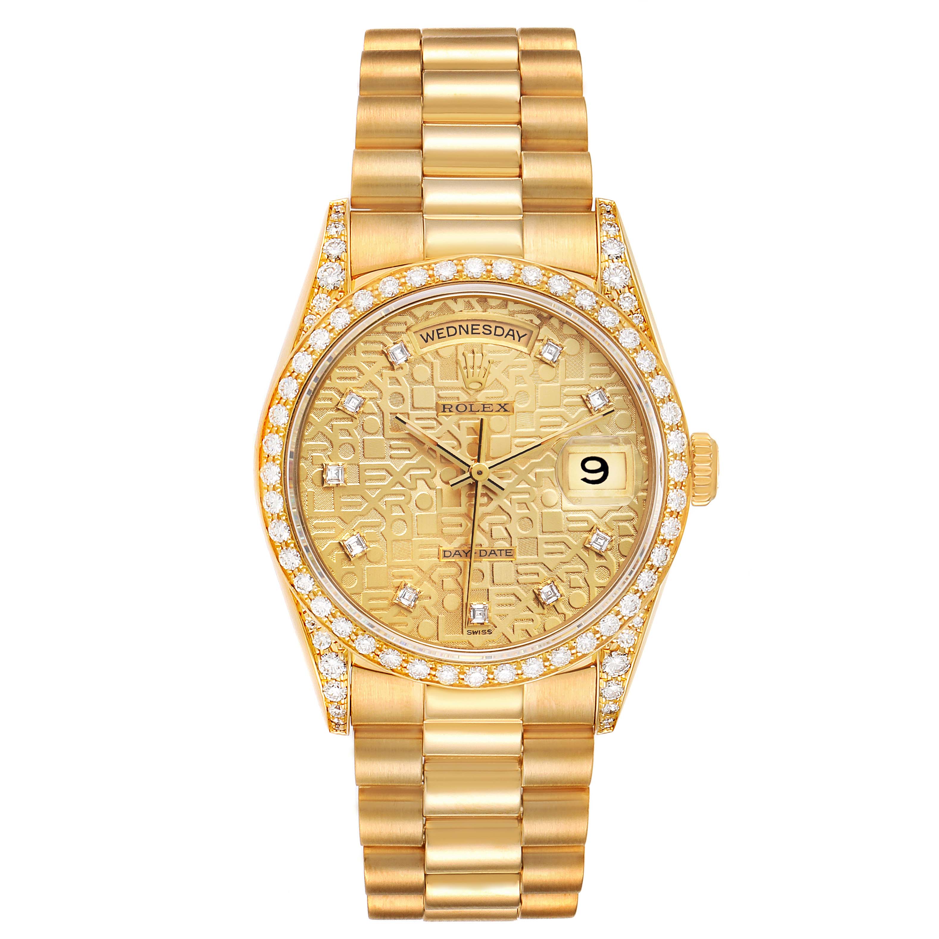 This image shows a front view of a Rolex President 18388 Men
s Yellow Gold Champagne Dial 18388 Men
s Yellow Gold Champagne Dial watch, highlighting its gold case, diamond-studded bezel, and distinctive bracelet.