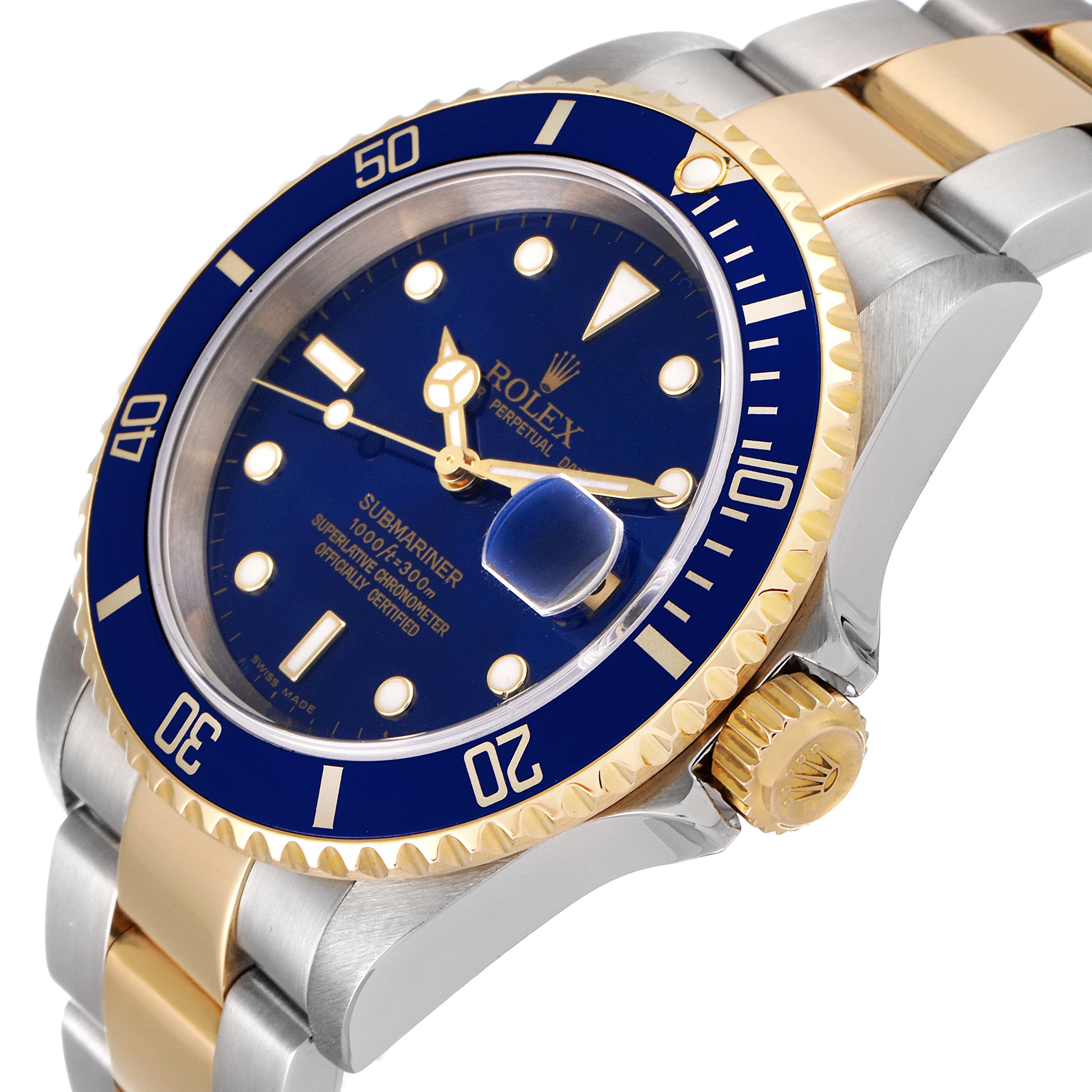 The image shows a close-up side angle of a Rolex Submariner 16613 Men's Steel and Gold (two tone) Blue Dial 16613 Men's Steel and Gold (two tone) Blue Dial watch, highlighting its blue dial, bezel, crown, and two-tone bracelet.