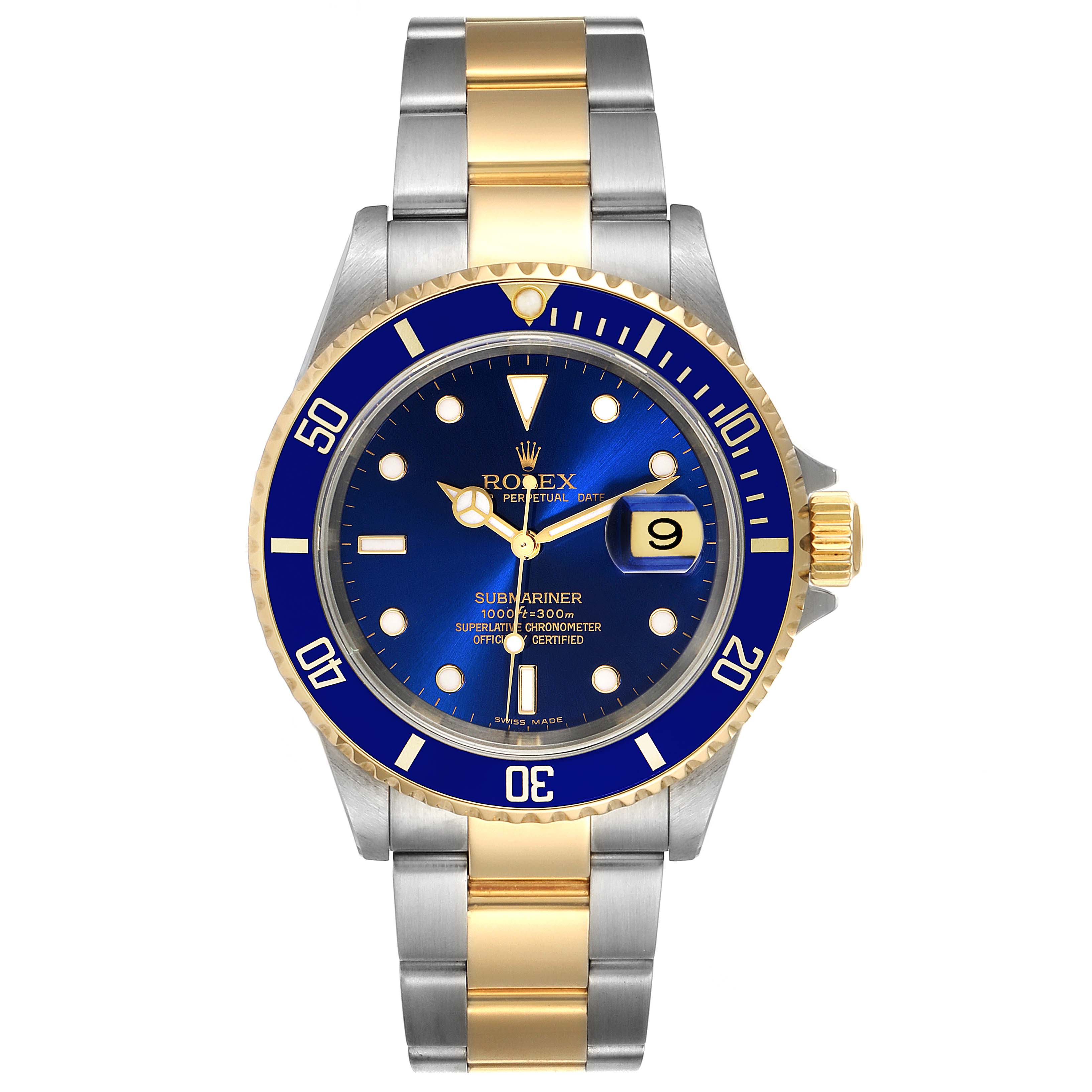 The image displays a front view of the Rolex Submariner 16613 Men's Steel and Gold (two tone) Blue Dial 16613 Men's Steel and Gold (two tone) Blue Dial, showcasing its blue dial, bezel, and two-tone bracelet.