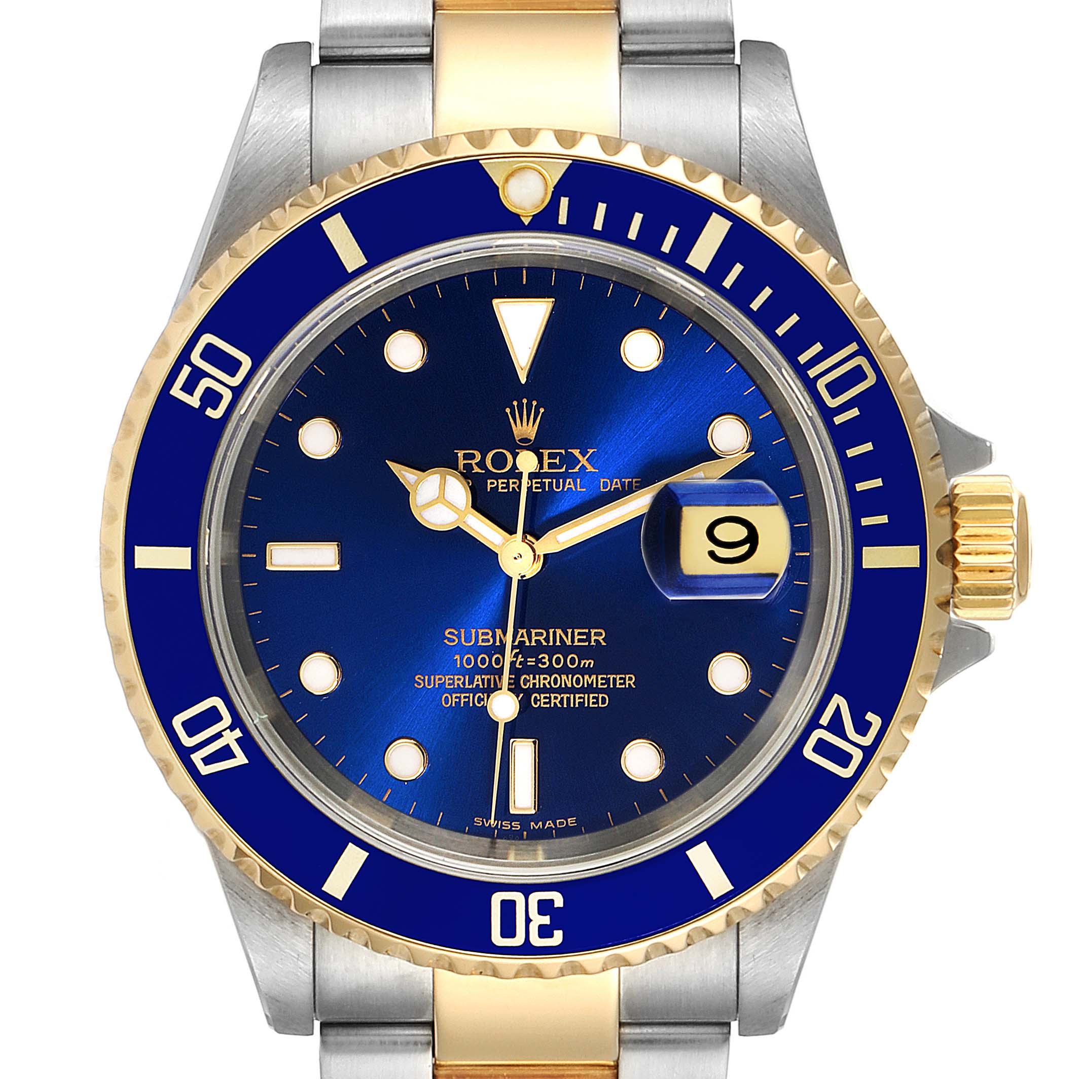 This image shows a front view of the Rolex Submariner 16613 Men's Steel and Gold (two tone) Blue Dial 16613 Men's Steel and Gold (two tone) Blue Dial watch, highlighting its blue dial, gold and silver bezel, and date window.