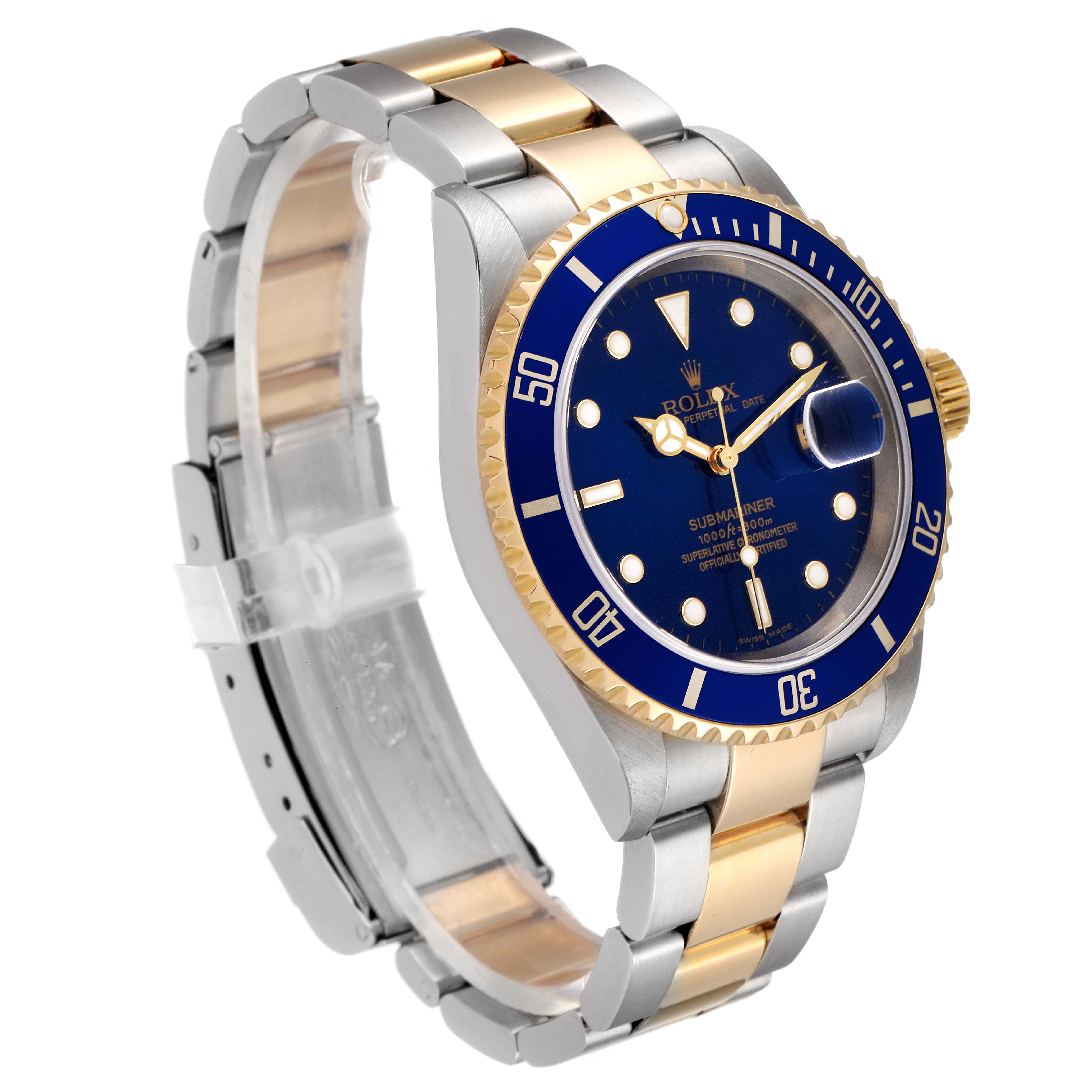 This image shows a side angle of a Rolex Submariner 16613 Men's Steel and Gold (two tone) Blue Dial 16613 Men's Steel and Gold (two tone) Blue Dial watch, highlighting its blue dial, gold accents, and two-tone bracelet.