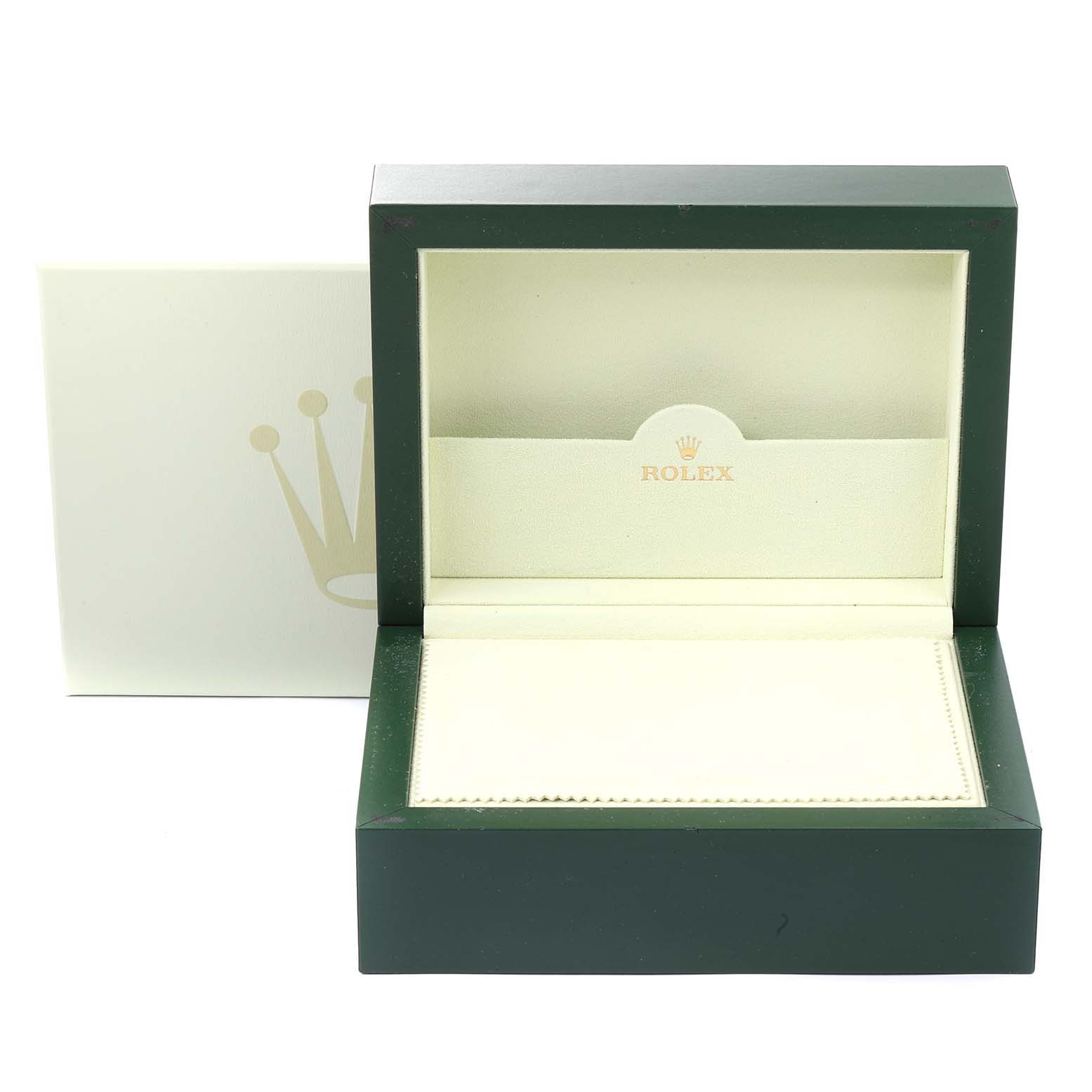 The image shows an open Rolex Submariner 16613 Men's Steel and Gold (two tone) Blue Dial 16613 Men's Steel and Gold (two tone) Blue Dial watch box with its lid and interior casing viewed from the front.