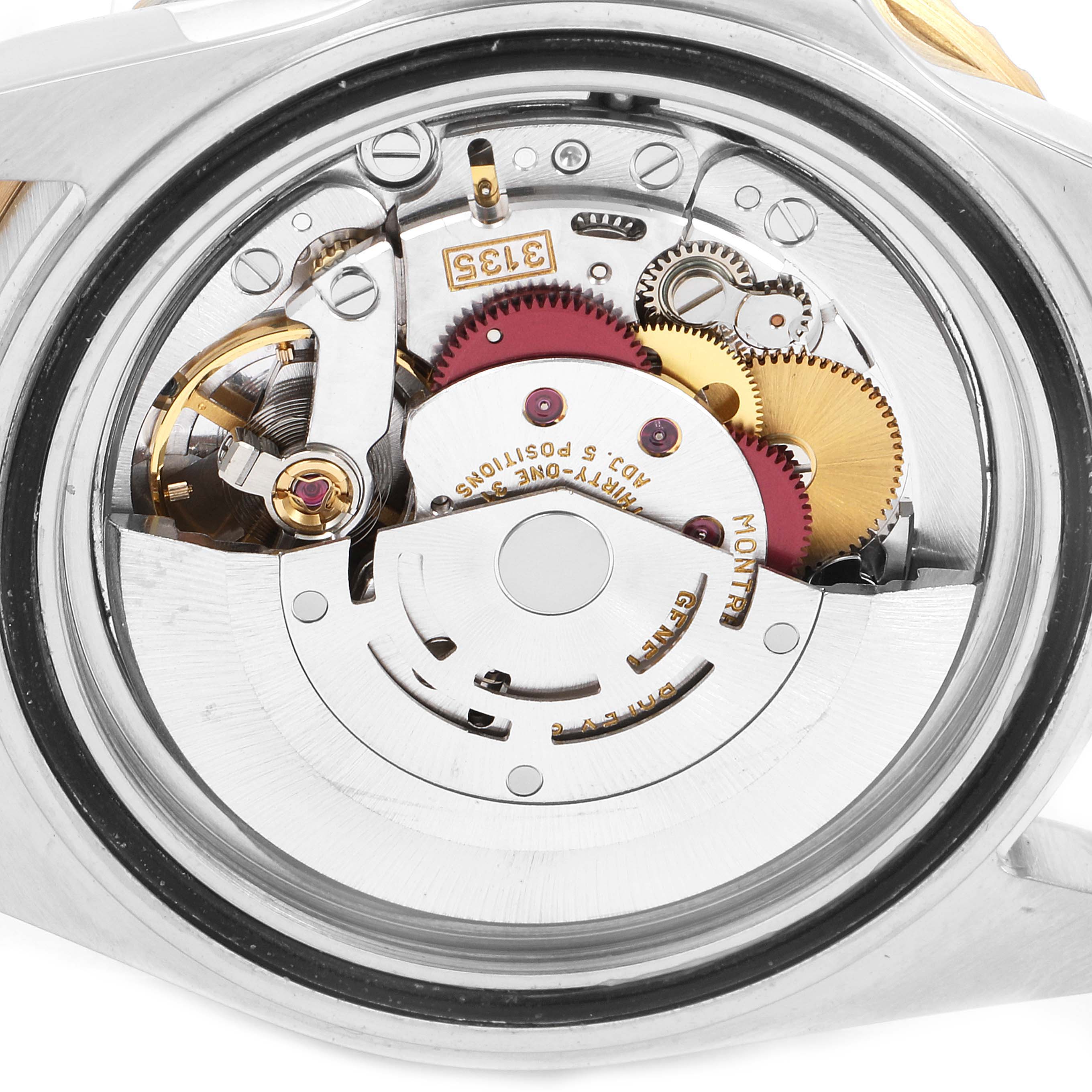 The image shows the back view of the internal mechanism of a Rolex Submariner 16613 Men
s Steel and Gold (two tone) Blue Dial 16613 Men
s Steel and Gold (two tone) Blue Dial watch, revealing its intricate gears and components.