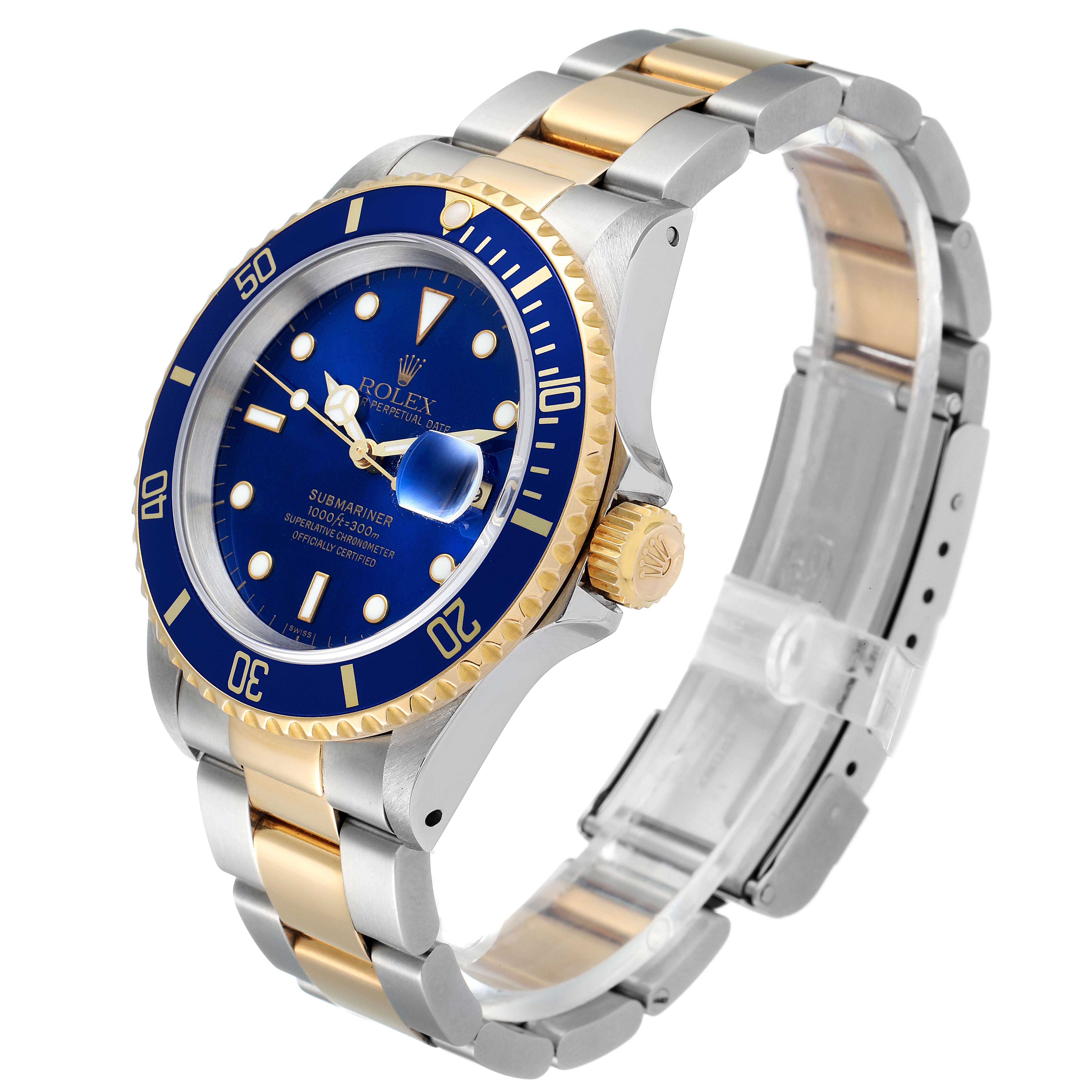 The Rolex Submariner 16613 Men
s Steel and Gold (two tone) Blue Dial 16613 Men
s Steel and Gold (two tone) Blue Dial watch is shown at a three-quarter angle, highlighting its blue dial, bezel, and dual-tone bracelet.