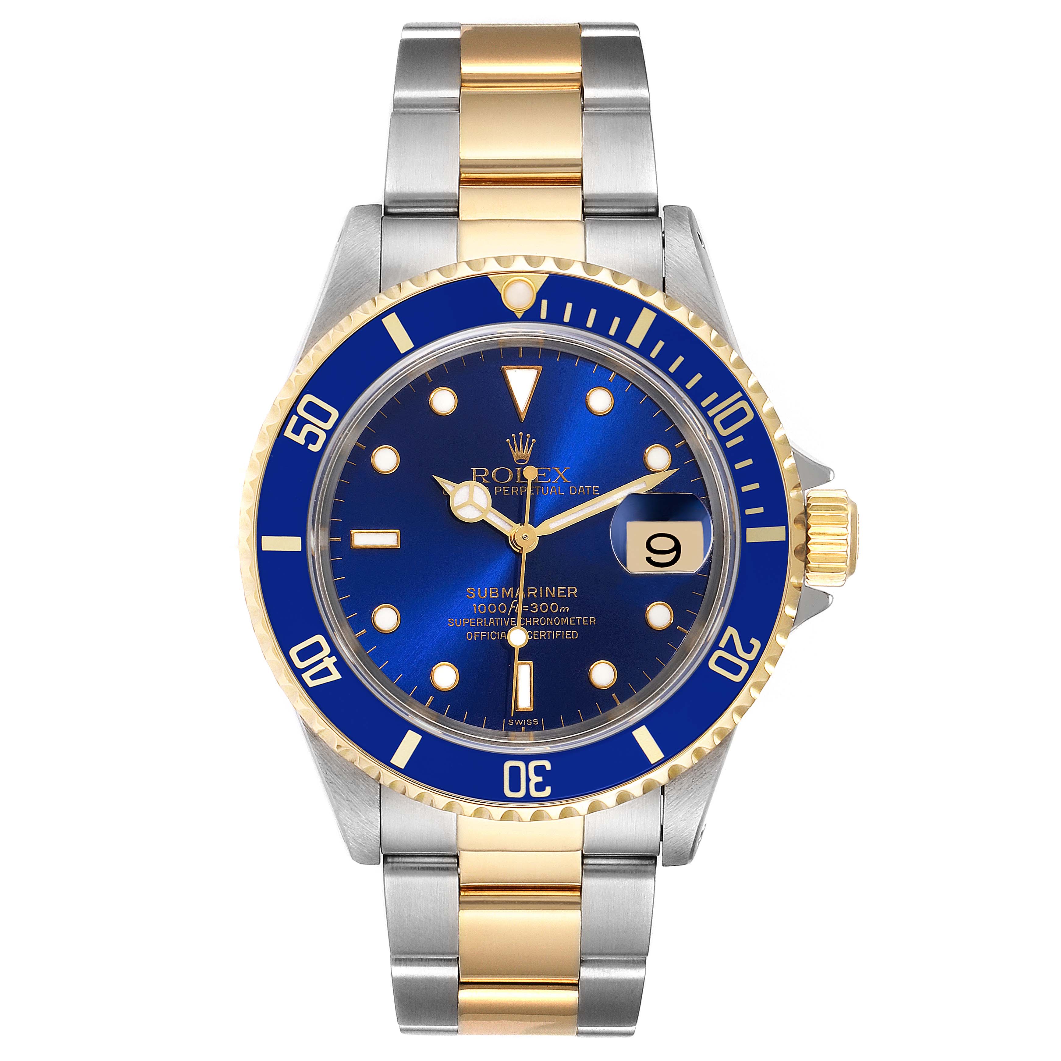 A front view of a Rolex Submariner 16613 Men
s Steel and Gold (two tone) Blue Dial 16613 Men
s Steel and Gold (two tone) Blue Dial watch showing its blue dial, gold and silver bracelet, and date window.