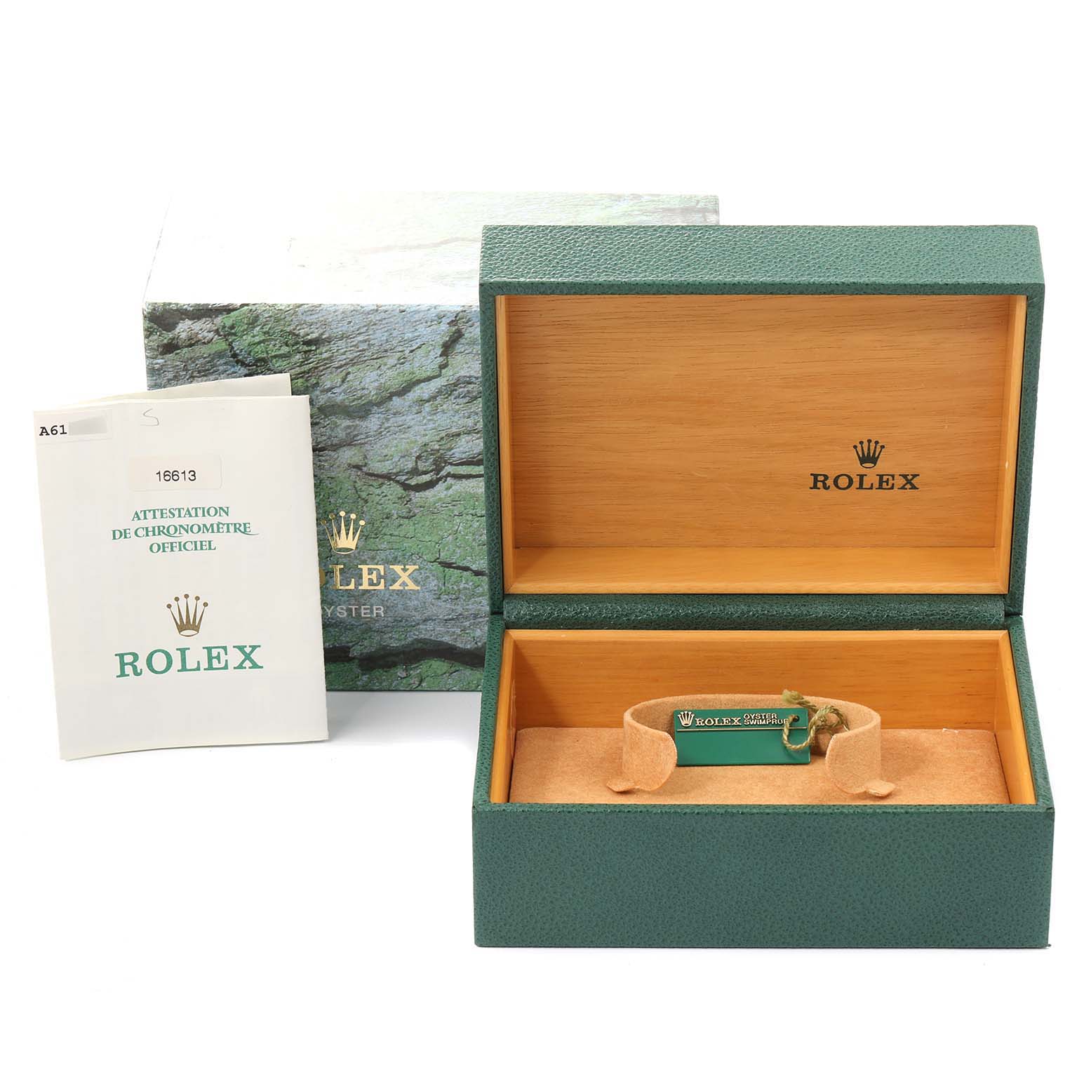 The image shows an open Rolex Submariner 16613 Men
s Steel and Gold (two tone) Blue Dial 16613 Men
s Steel and Gold (two tone) Blue Dial watch box with accompanying packaging and documentation.