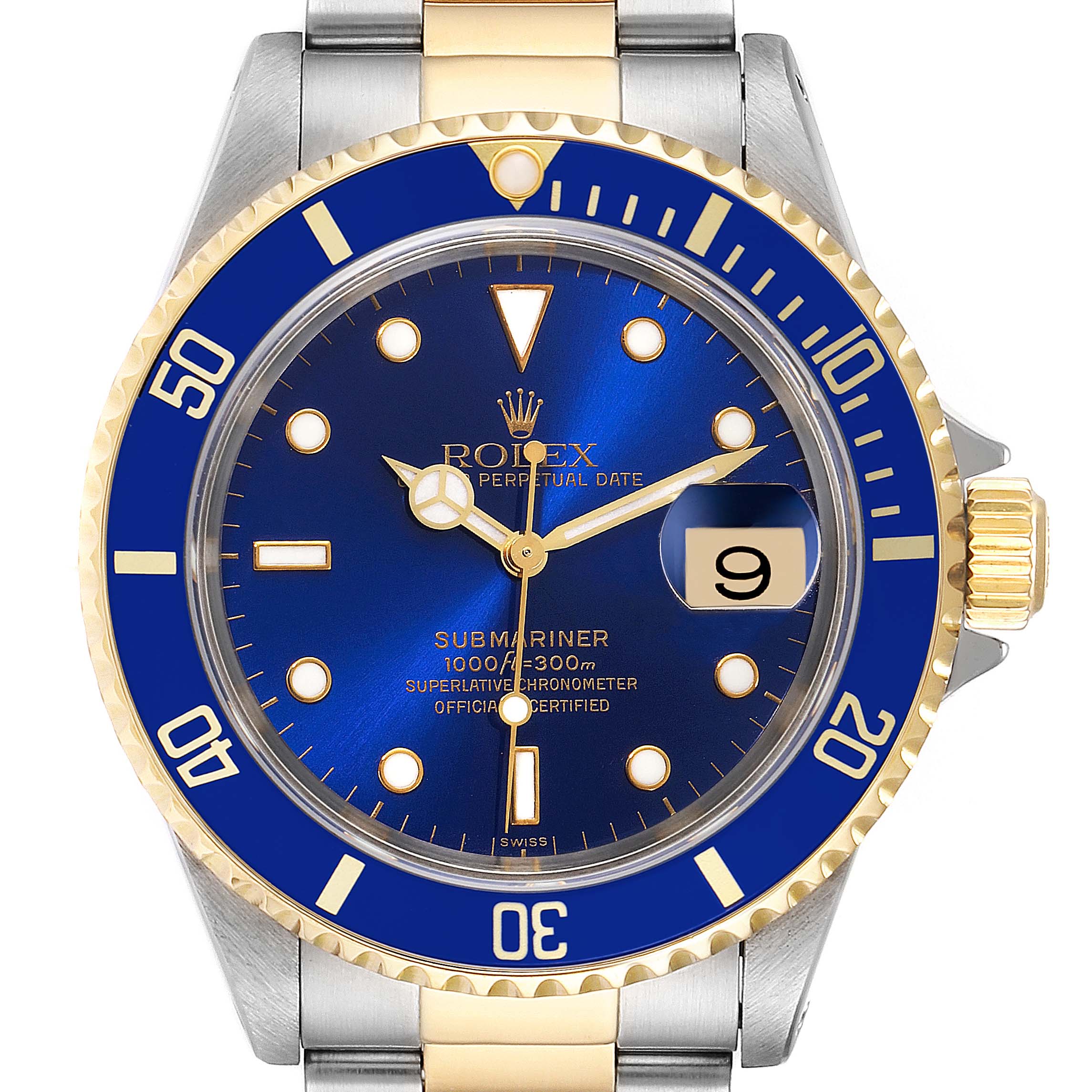 The image shows a front view of a Rolex Submariner 16613 Men
s Steel and Gold (two tone) Blue Dial 16613 Men
s Steel and Gold (two tone) Blue Dial watch, highlighting its blue dial, blue bezel, two-tone bracelet, and gold accents.