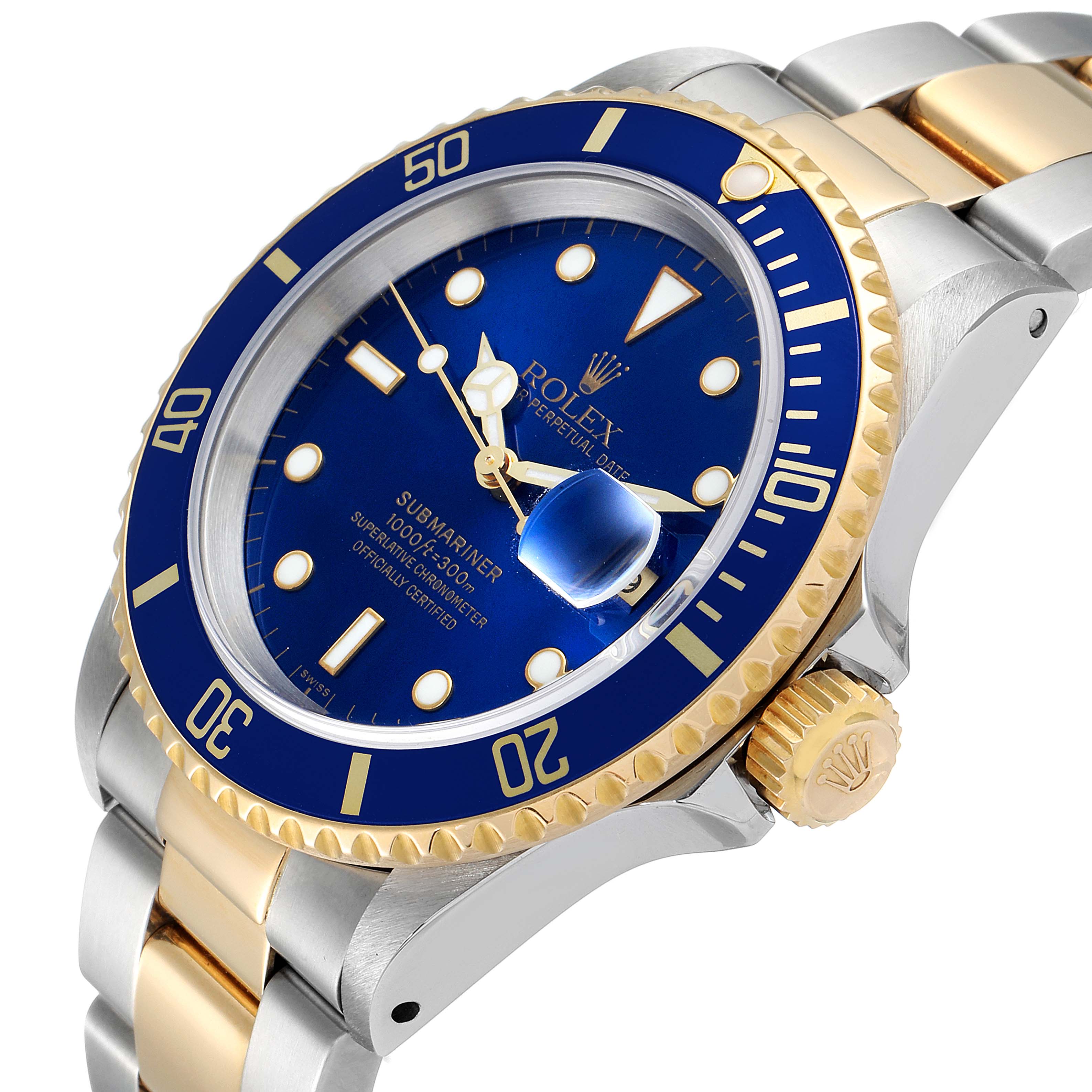 This image shows a Rolex Submariner 16613 Men
s Steel and Gold (two tone) Blue Dial 16613 Men
s Steel and Gold (two tone) Blue Dial watch from a slight side angle, highlighting its blue dial, gold bezel, and bracelet.