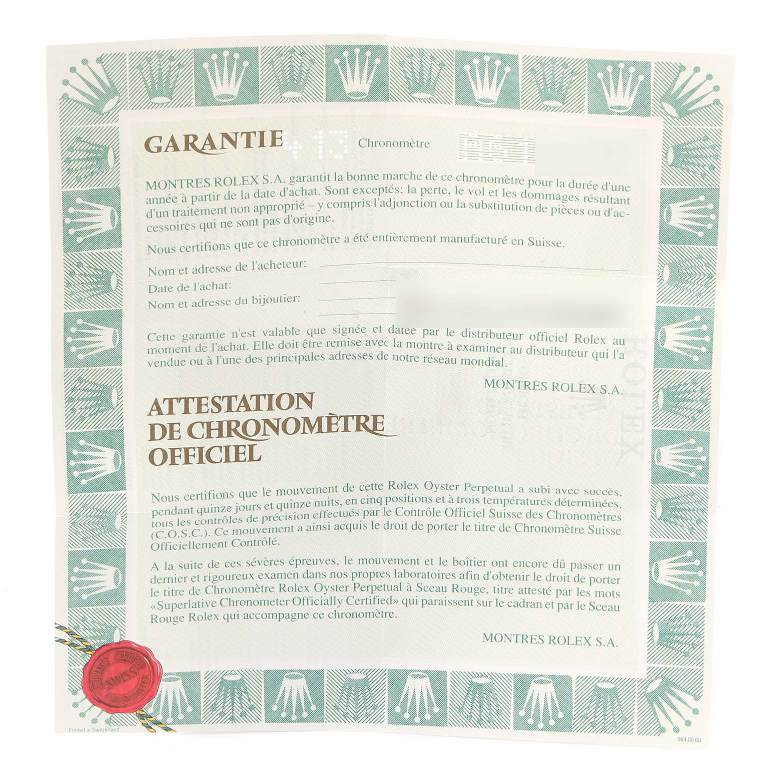 This image shows the warranty card and official chronometer certification for a Rolex Submariner 16613 Men
s Steel and Gold (two tone) Blue Dial 16613 Men
s Steel and Gold (two tone) Blue Dial watch.