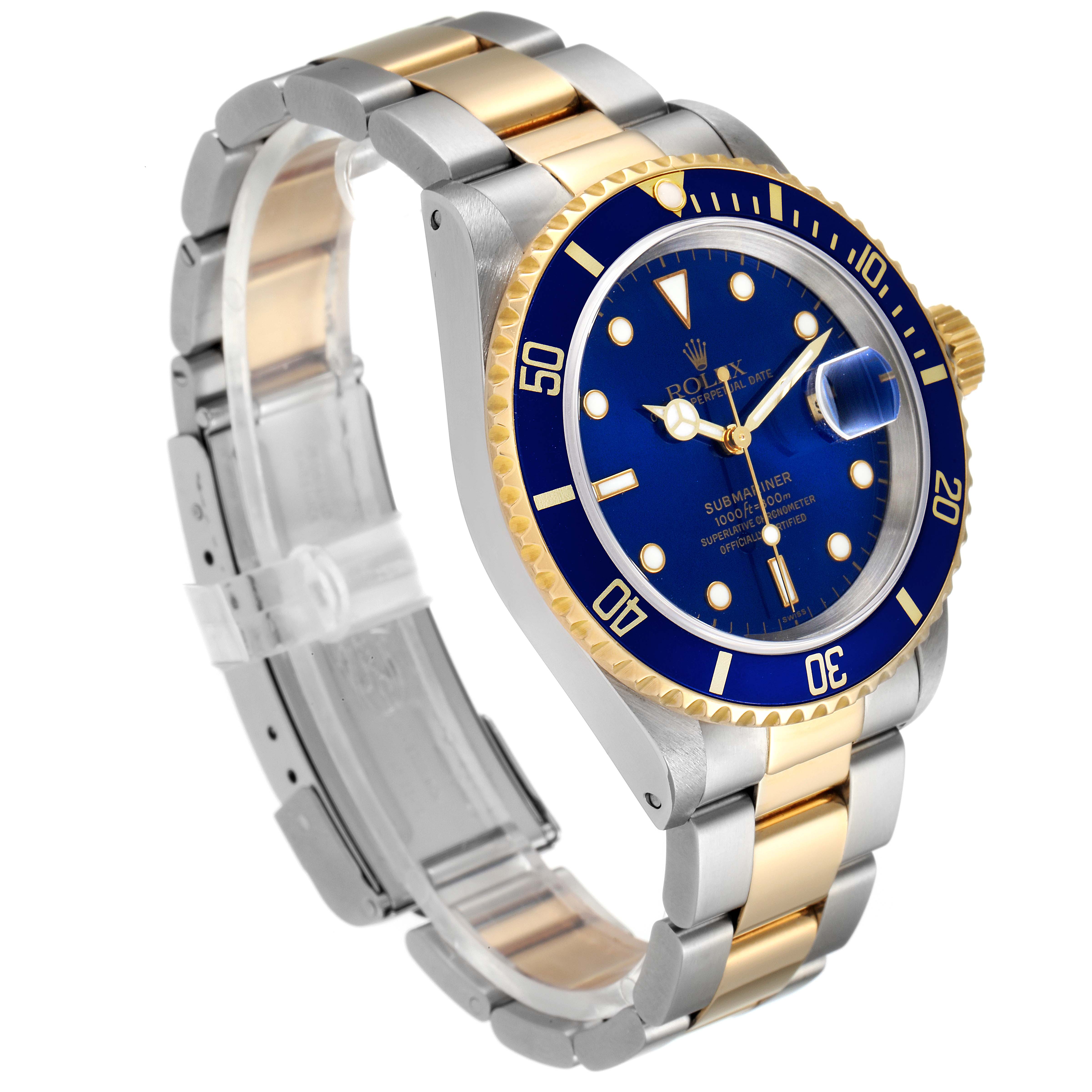 The image shows a Rolex Submariner 16613 Men
s Steel and Gold (two tone) Blue Dial 16613 Men
s Steel and Gold (two tone) Blue Dial watch at a three-quarter angle, highlighting the bezel, dial, crown, and bracelet.