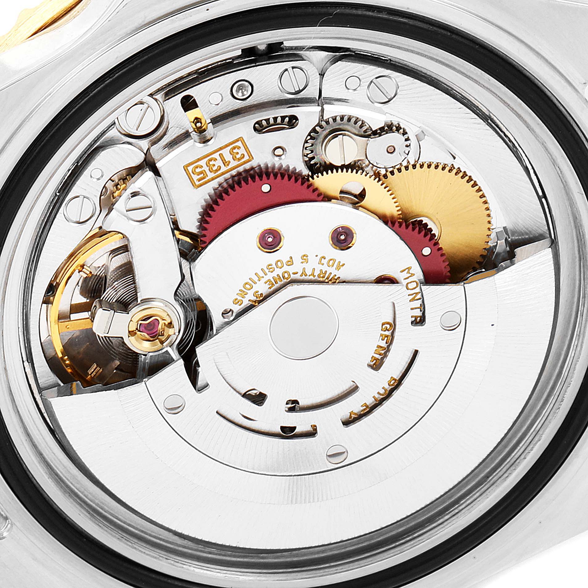 This image shows the internal mechanical movement of a Rolex Submariner 16613 Men's Steel and Gold (two tone) Blue Dial 16613 Men's Steel and Gold (two tone) Blue Dial watch, focusing on gears and other intricate components.