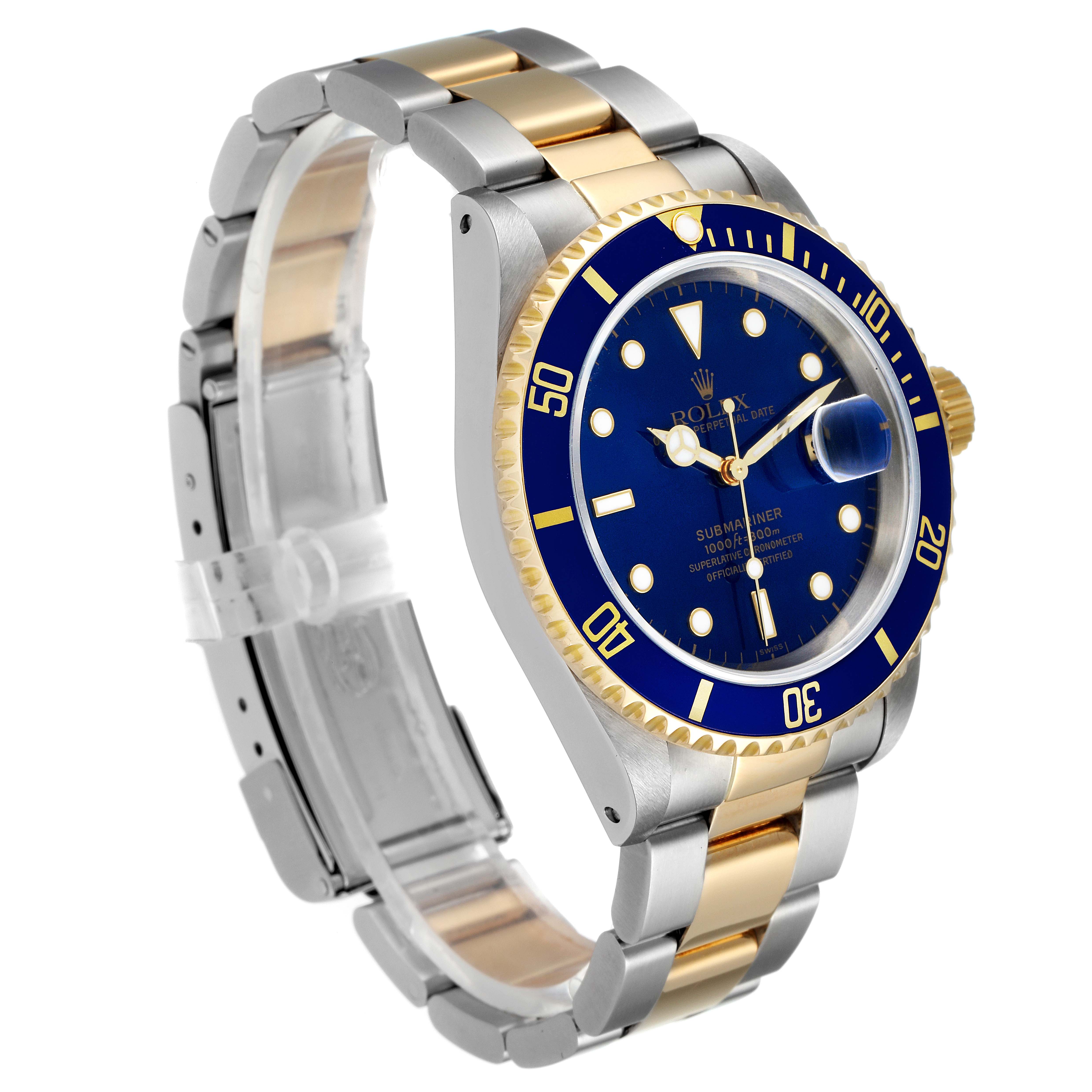 The image shows a Rolex Submariner 16613 Men's Steel and Gold (two tone) Blue Dial 16613 Men's Steel and Gold (two tone) Blue Dial watch at a three-quarter angle, highlighting its band, dial, and bezel.