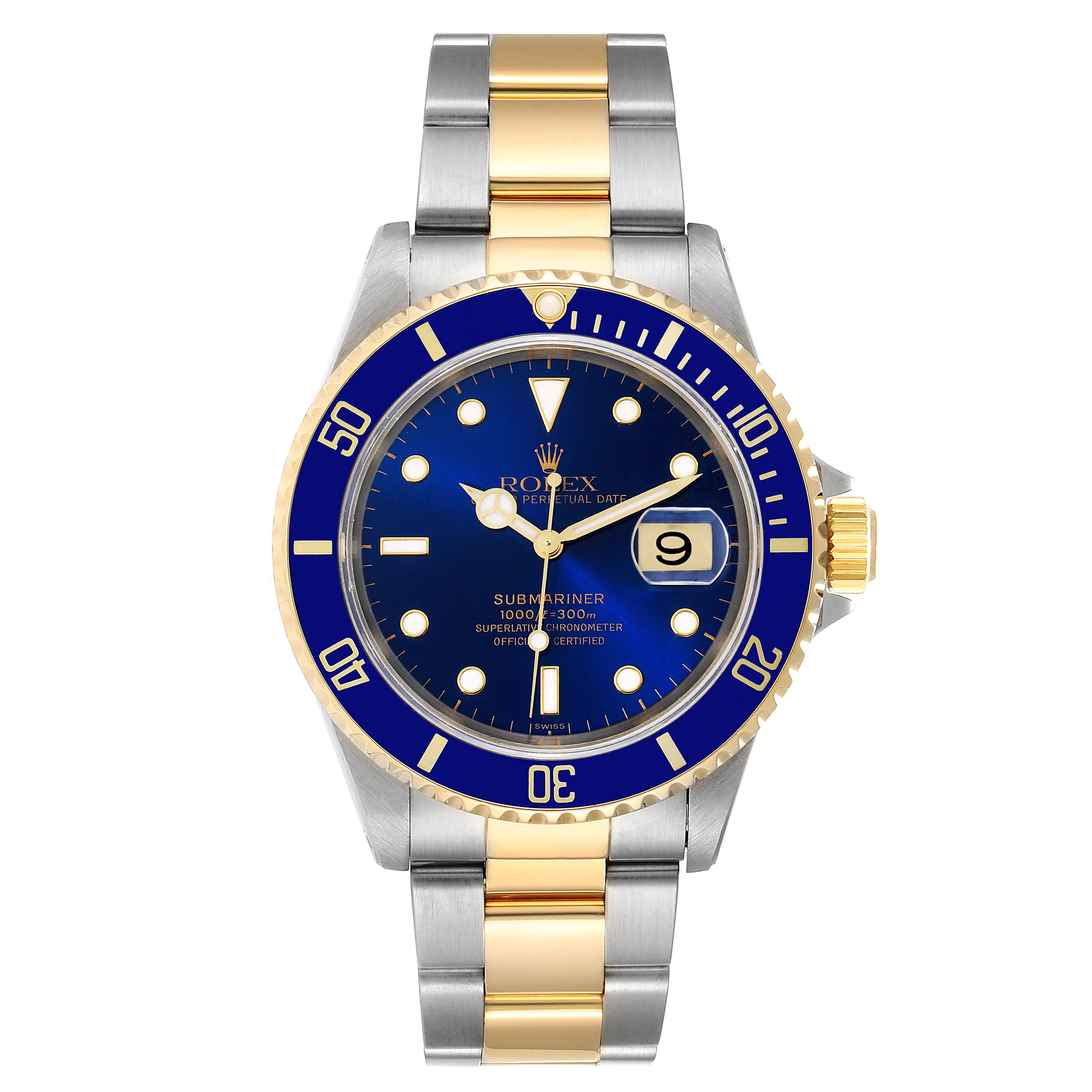 This image shows a front view of a Rolex Submariner 16613 Men's Steel and Gold (two tone) Blue Dial 16613 Men's Steel and Gold (two tone) Blue Dial watch with a blue dial and a two-tone bracelet.
