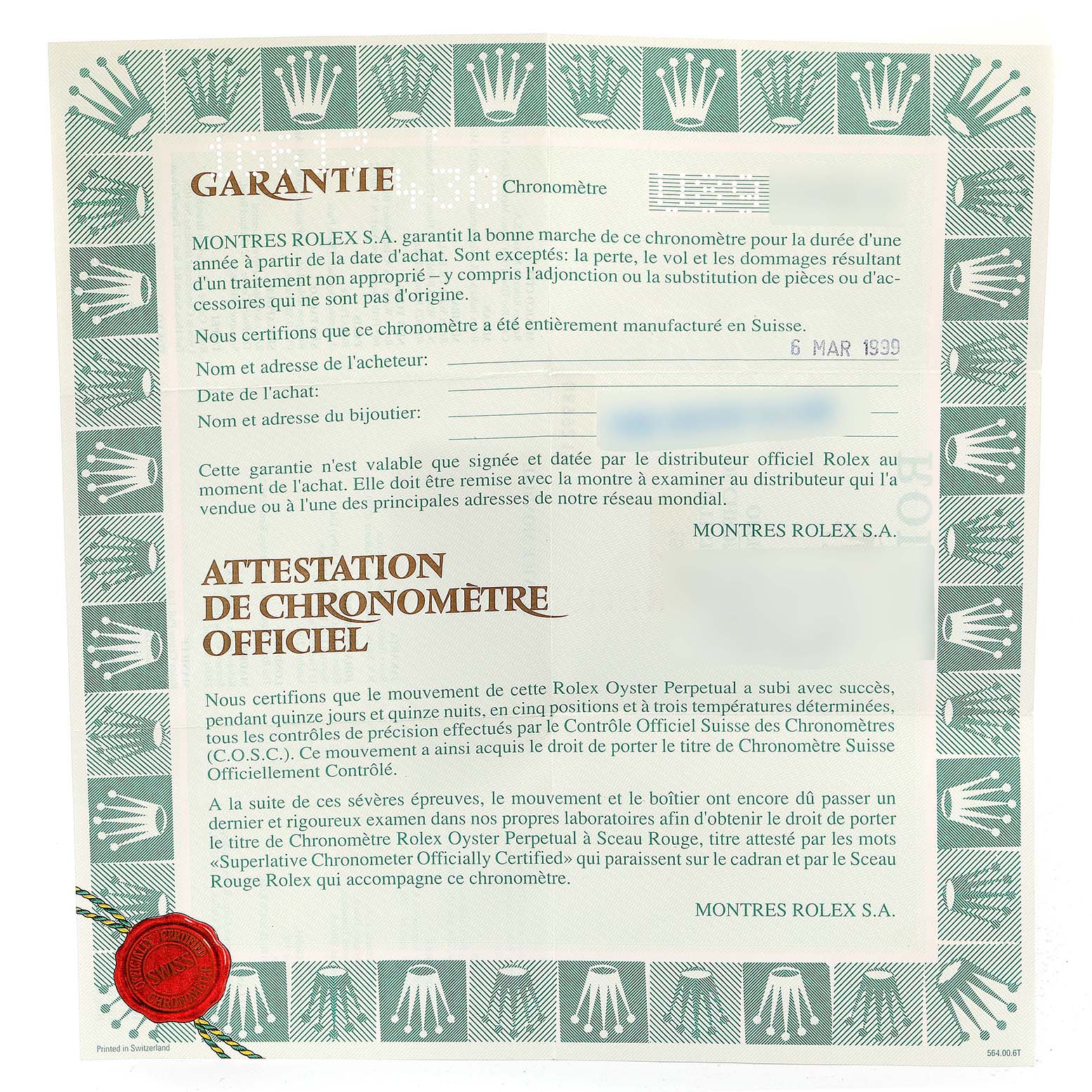 The image shows the warranty and chronometer certification documents for a Rolex Submariner 16613 Men's Steel and Gold (two tone) Blue Dial 16613 Men's Steel and Gold (two tone) Blue Dial watch.