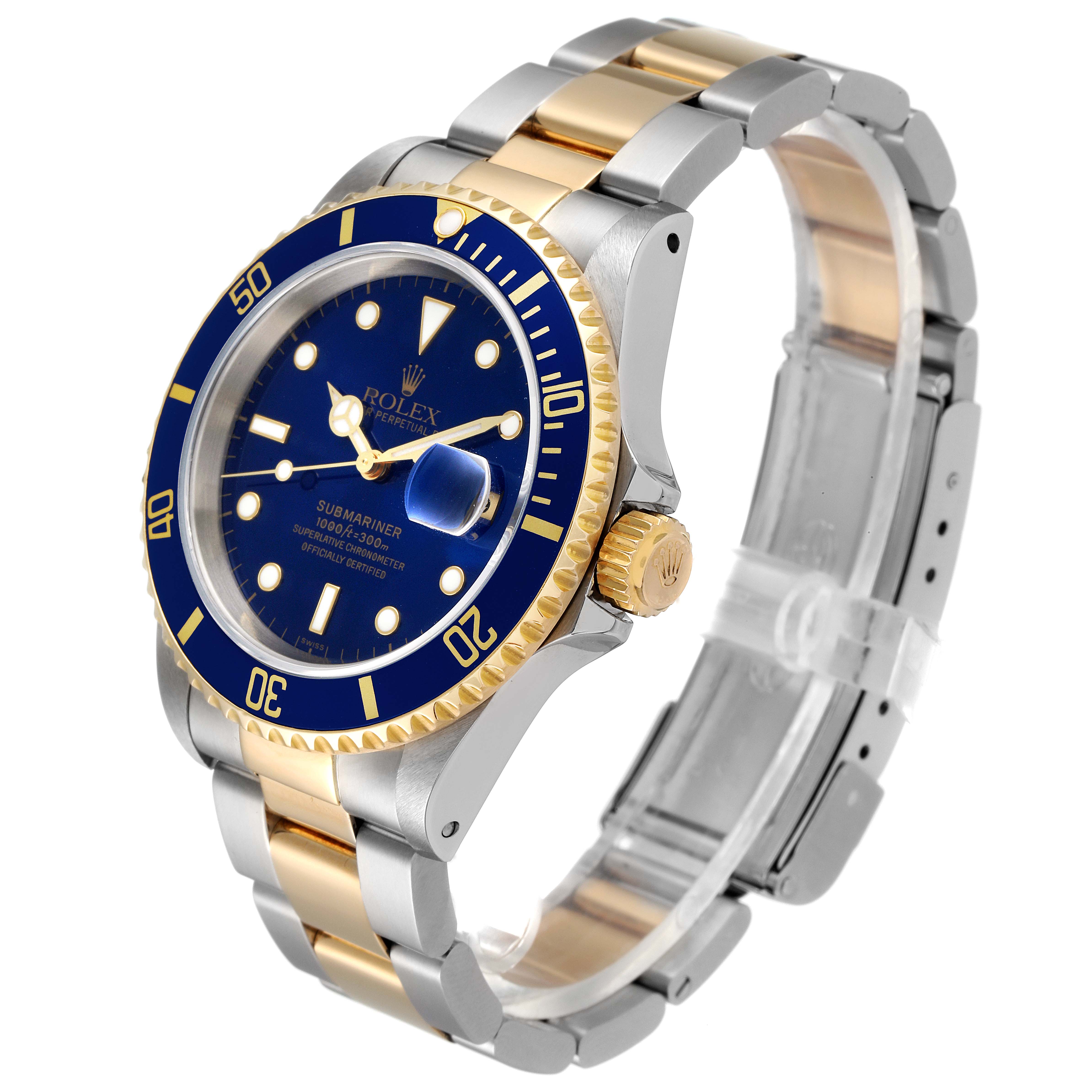 The image shows a Rolex Submariner 16613 Men's Steel and Gold (two tone) Blue Dial 16613 Men's Steel and Gold (two tone) Blue Dial at an angled side view, highlighting its blue dial, gold accents, and two-tone bracelet.
