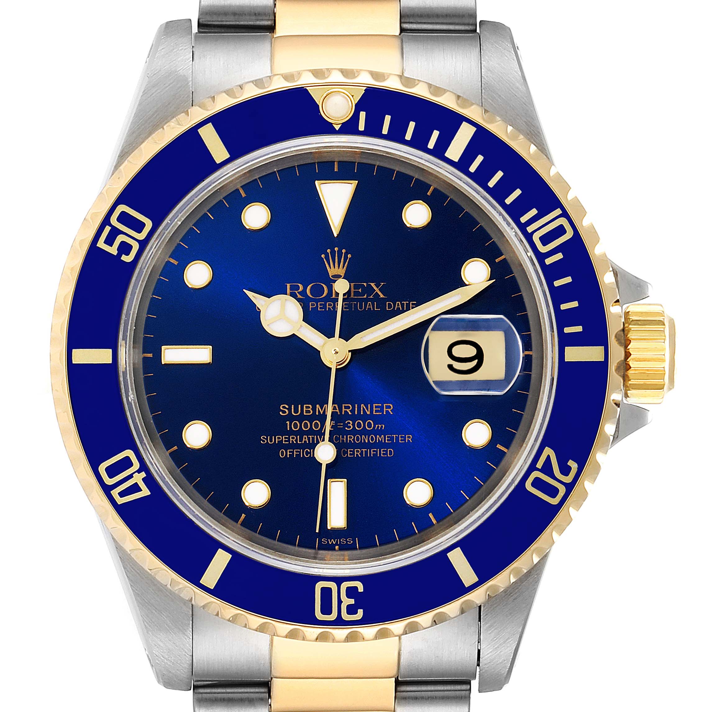 This image shows a front view of a Rolex Submariner 16613 Men's Steel and Gold (two tone) Blue Dial 16613 Men's Steel and Gold (two tone) Blue Dial watch, highlighting the blue bezel, dial, and two-tone bracelet.