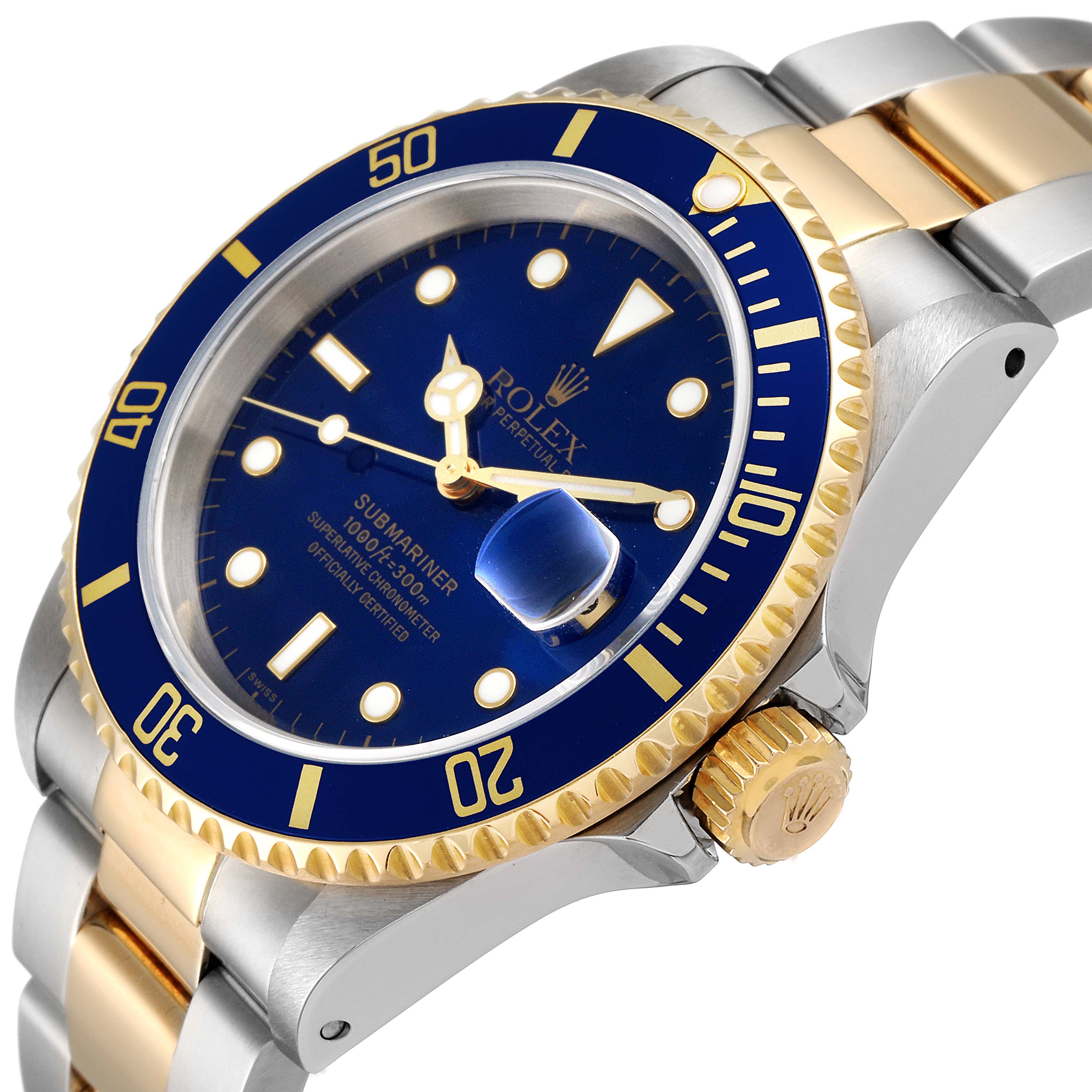 This image shows a Rolex Submariner 16613 Men's Steel and Gold (two tone) Blue Dial 16613 Men's Steel and Gold (two tone) Blue Dial watch at an angled close-up, highlighting the blue dial, bezel, and two-tone bracelet.