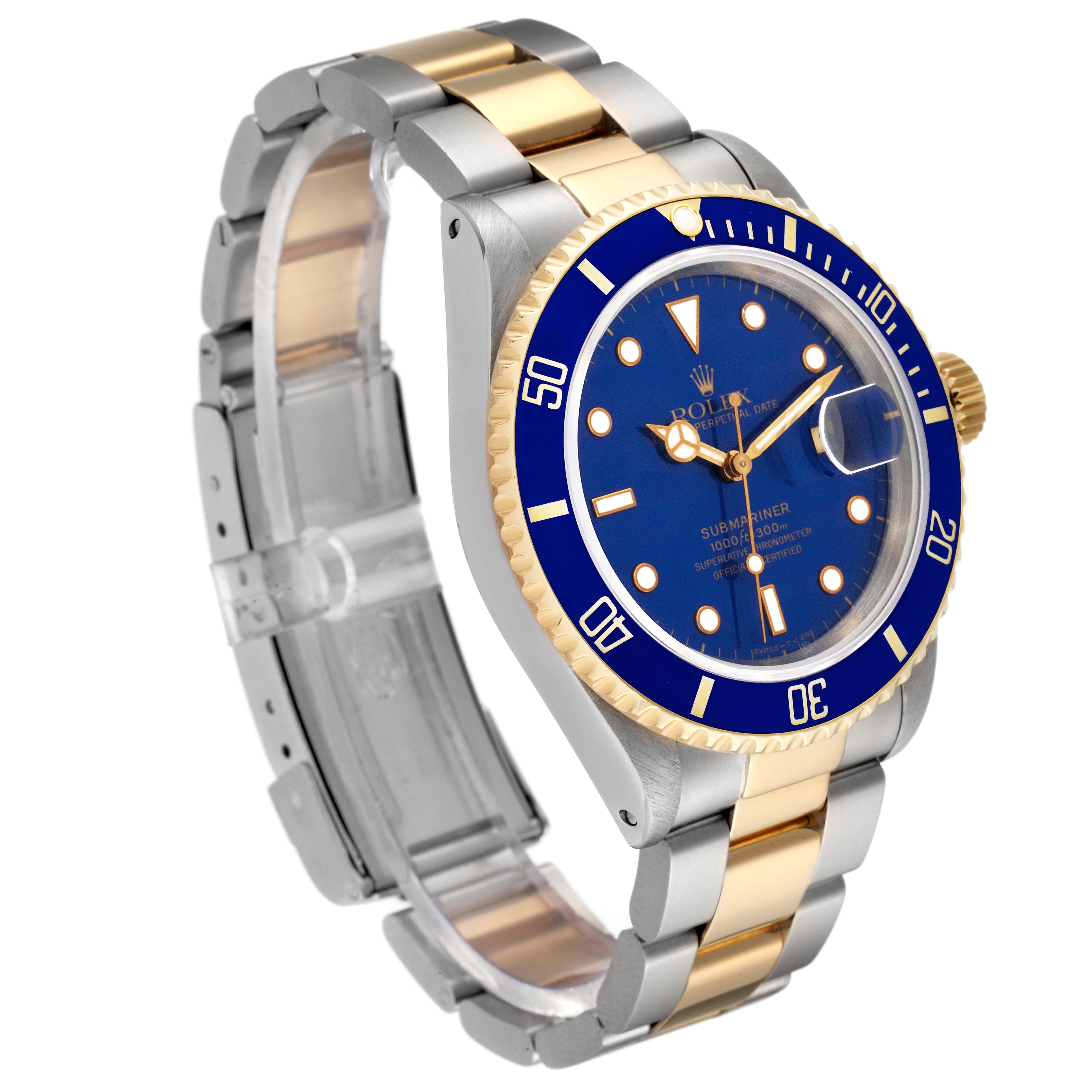 The image shows a side and partial top angle of a Rolex Submariner 16613 Men's Steel and Gold (two tone) Blue Dial 16613 Men's Steel and Gold (two tone) Blue Dial watch, highlighting the blue dial, bezel, and two-tone bracelet.