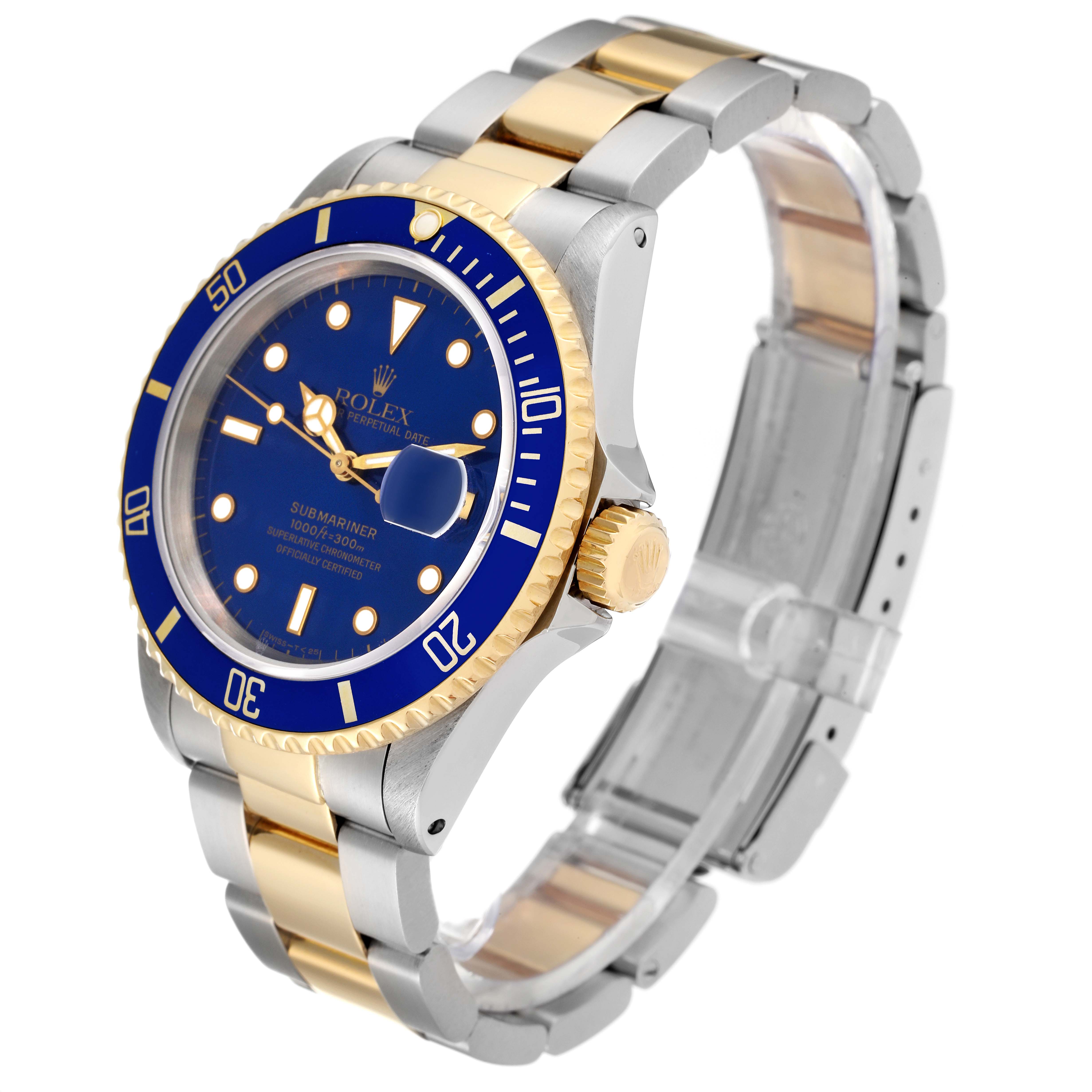 This image shows a Rolex Submariner 16613 Men's Steel and Gold (two tone) Blue Dial 16613 Men's Steel and Gold (two tone) Blue Dial watch at a three-quarter angle, highlighting the blue dial, bezel, and two-tone bracelet.