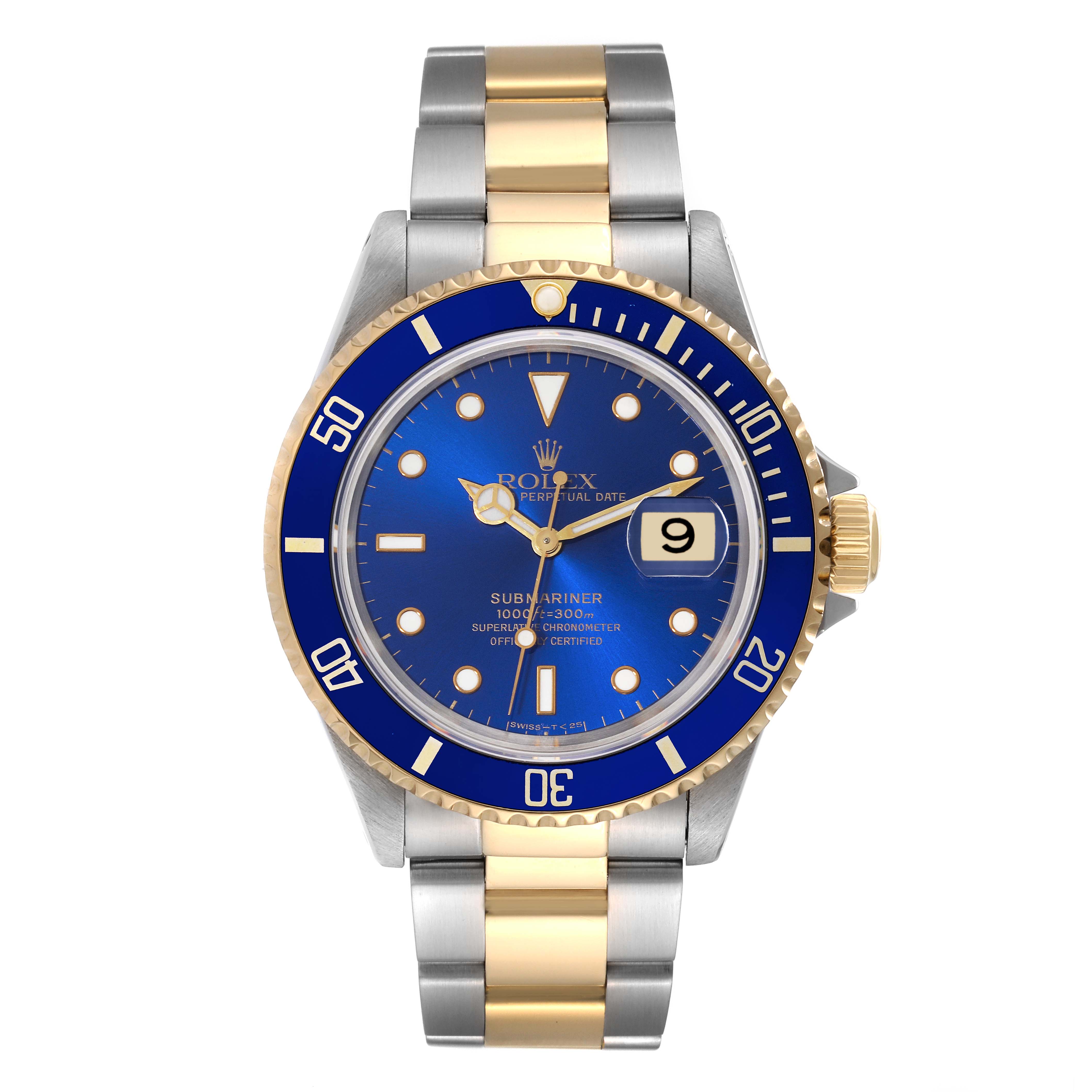 The image shows a frontal view of a Rolex Submariner 16613 Men's Steel and Gold (two tone) Blue Dial 16613 Men's Steel and Gold (two tone) Blue Dial watch, highlighting its blue dial, date window, and bi-metal bracelet.