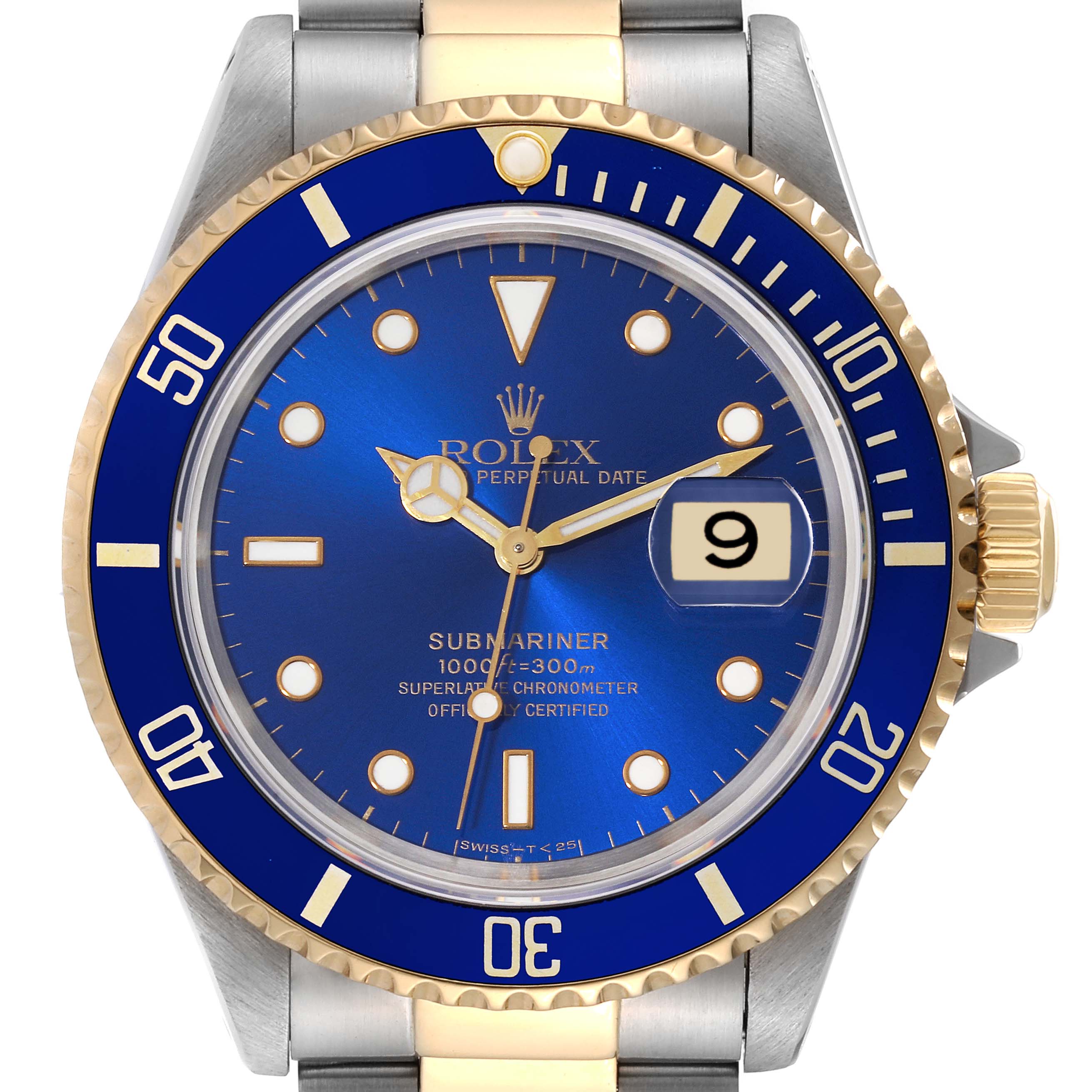 This image shows a front view of a Rolex Submariner 16613 Men's Steel and Gold (two tone) Blue Dial 16613 Men's Steel and Gold (two tone) Blue Dial watch, highlighting its blue dial, blue bezel, and date display.