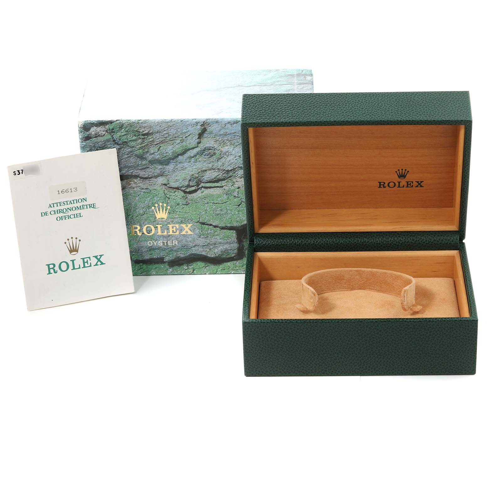 The image shows an empty Rolex Submariner 16613 Men's Steel and Gold (two tone) Blue Dial 16613 Men's Steel and Gold (two tone) Blue Dial watch box, its outer box, and an official chronometer certification.