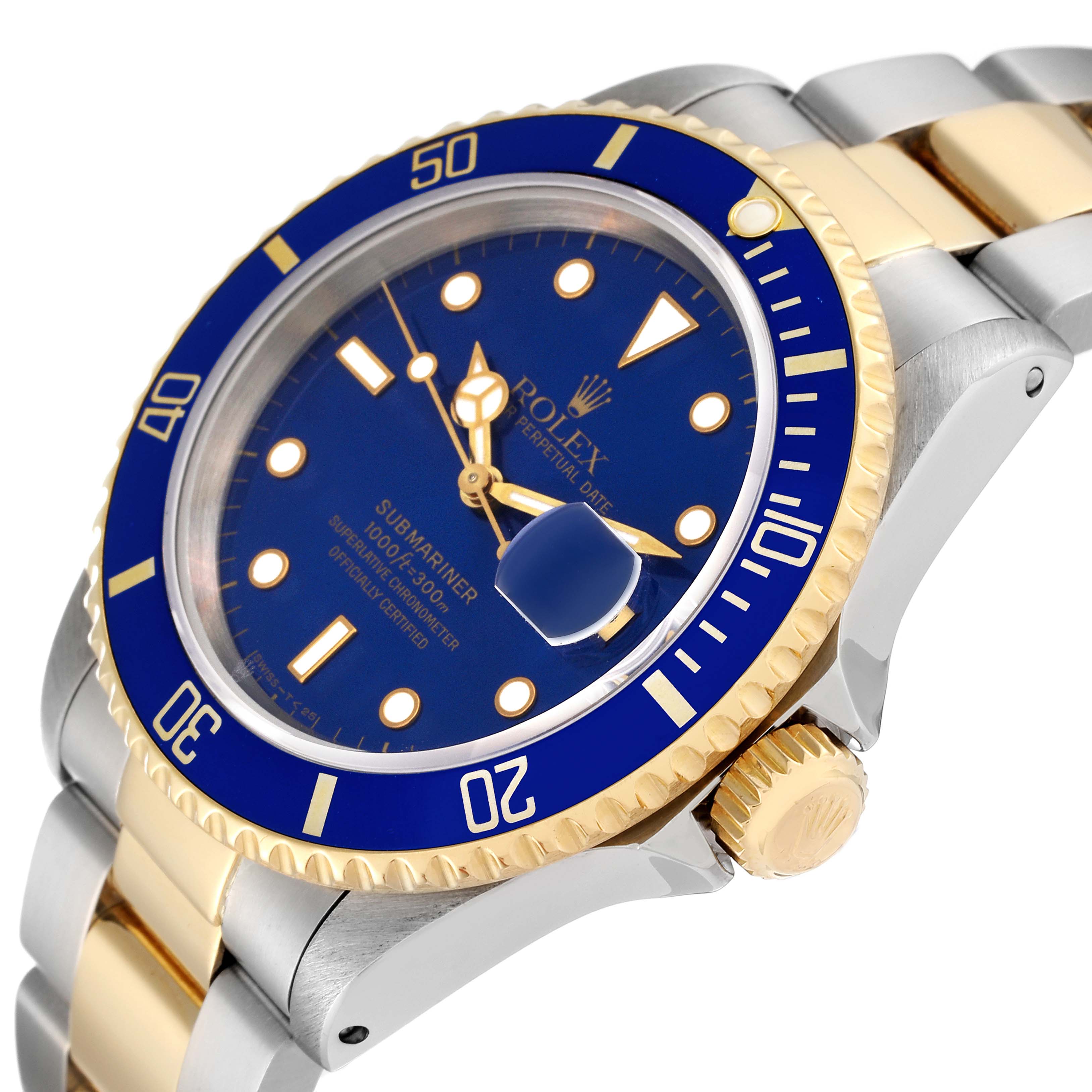 The image shows a side angle of a Rolex Submariner 16613 Men's Steel and Gold (two tone) Blue Dial 16613 Men's Steel and Gold (two tone) Blue Dial watch, focusing on the face, bezel, crown, and part of the bracelet.