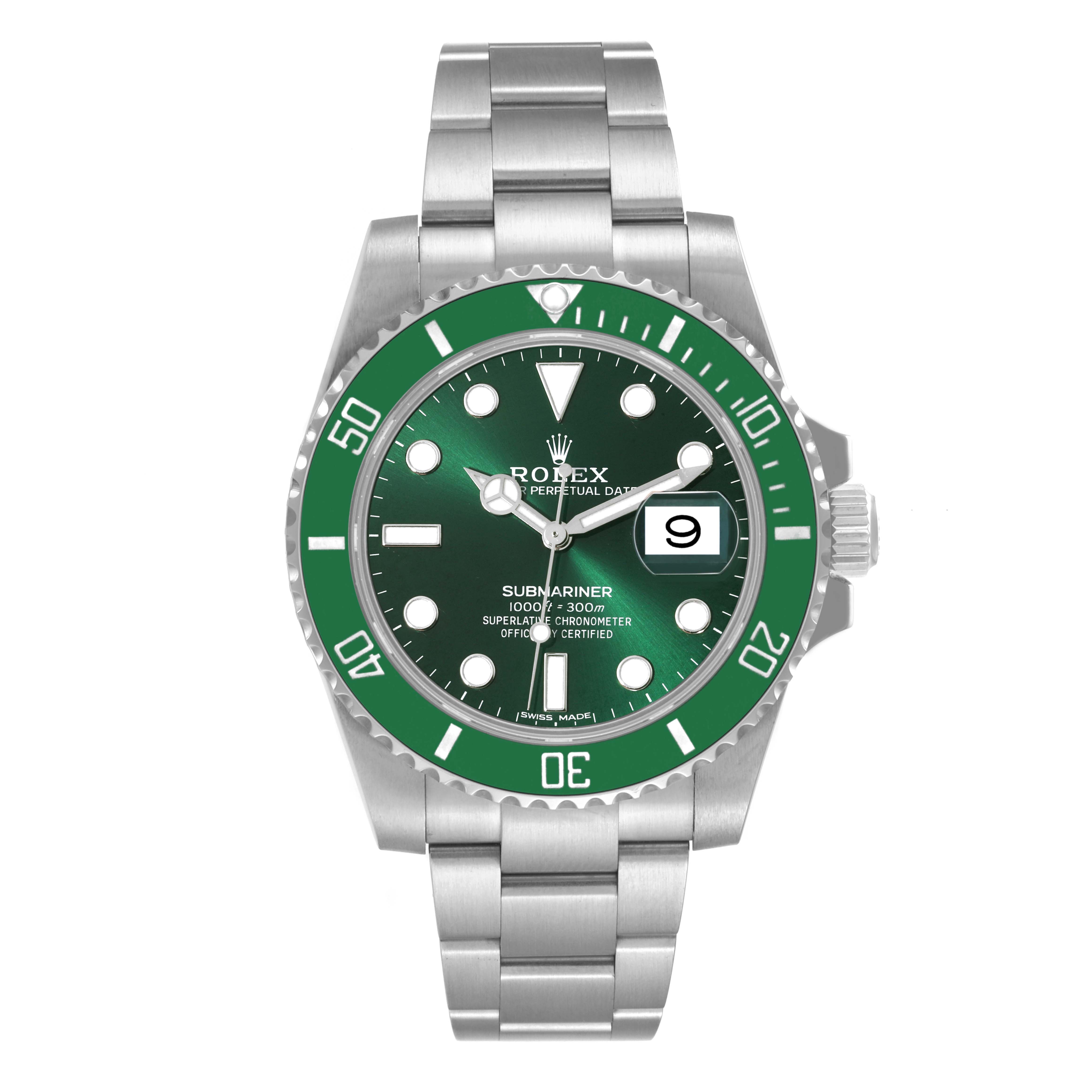 This image shows a frontal view of a Rolex Submariner 116610LV Men
s Stainless Steel Green Dial 116610LV Men
s Stainless Steel Green Dial watch displaying its green bezel, dial, and stainless steel bracelet.