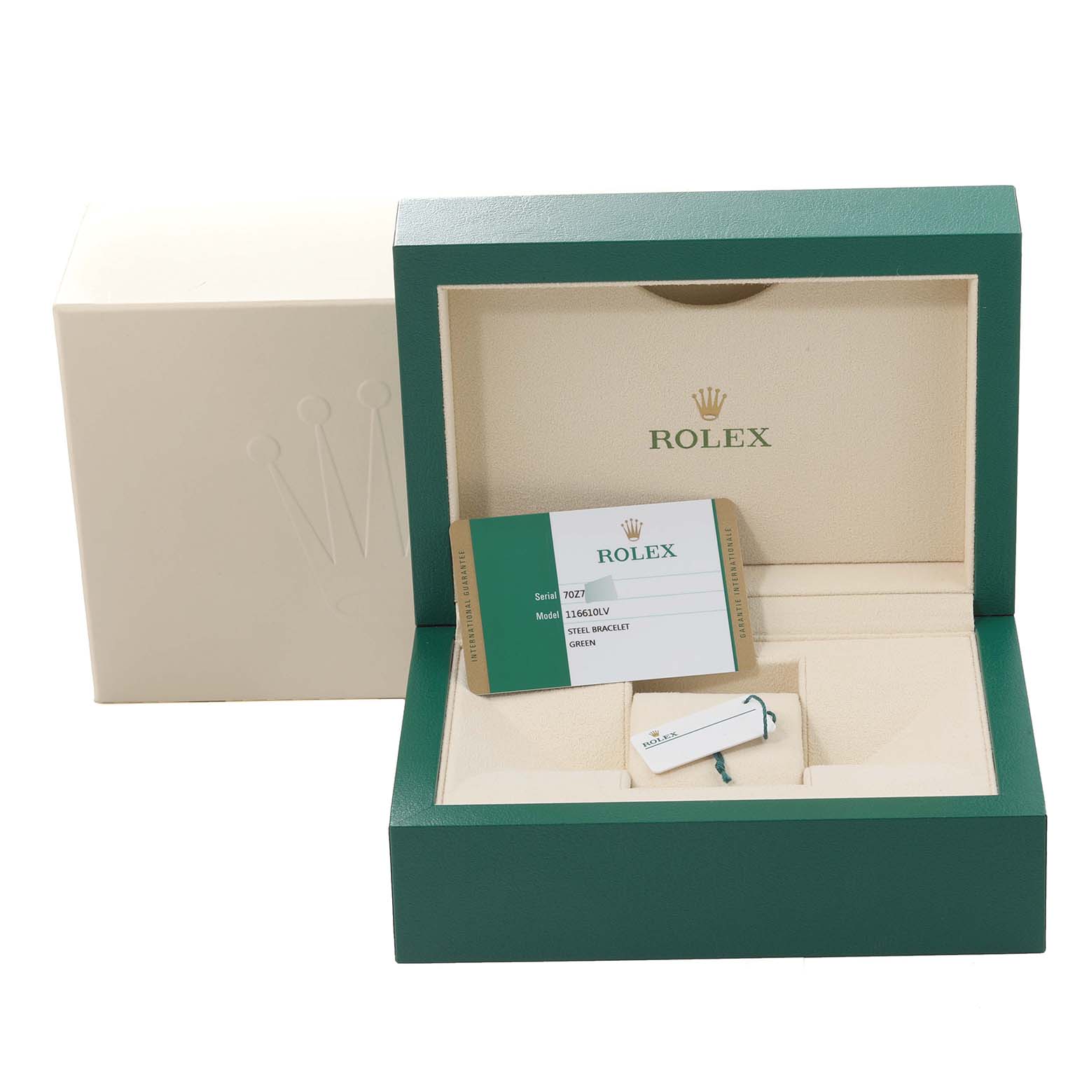 The image shows an open Rolex Submariner 116610LV Men
s Stainless Steel Green Dial 116610LV Men
s Stainless Steel Green Dial watch box with a model card and tag inside.