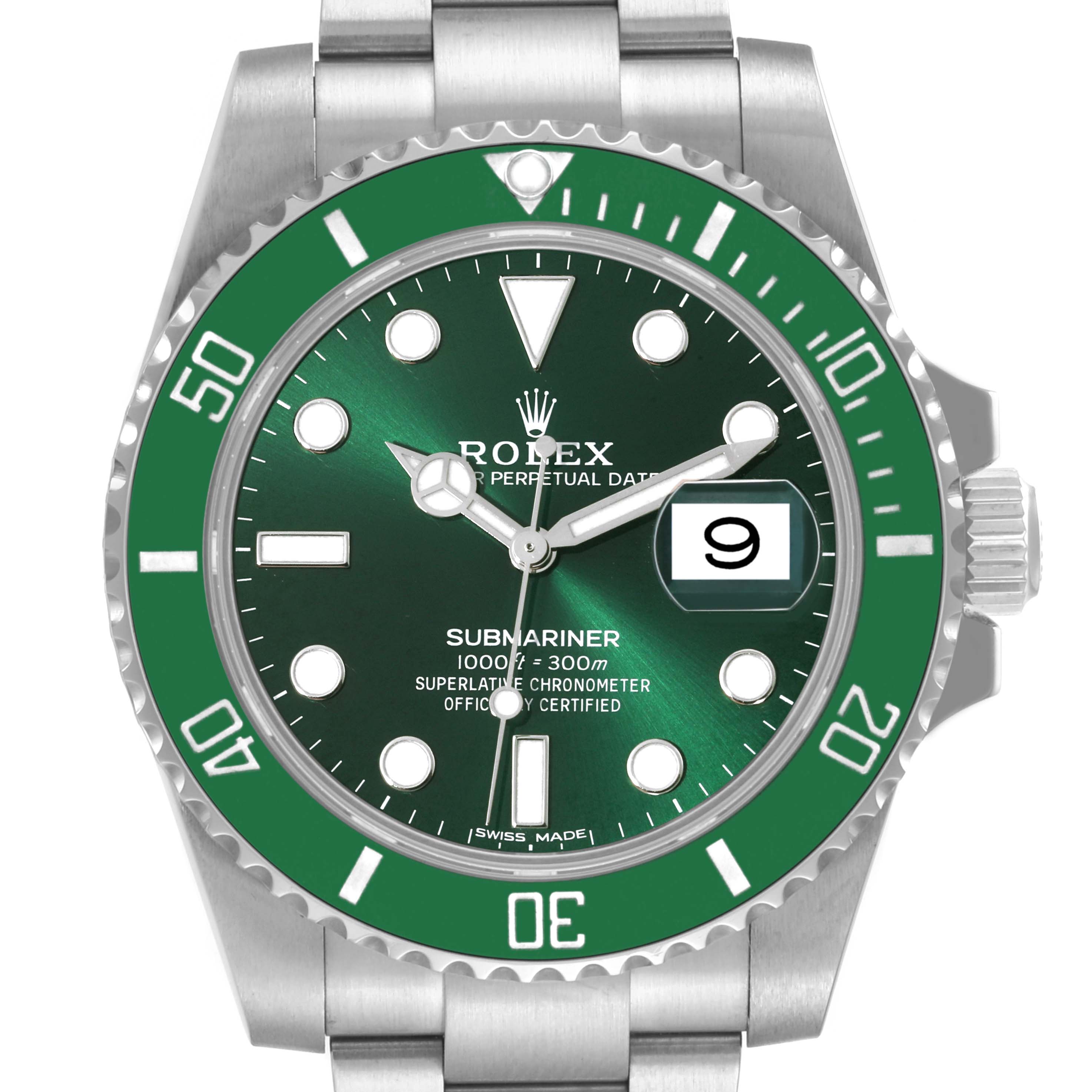 This image shows a front view of the Rolex Submariner 116610LV Men
s Stainless Steel Green Dial 116610LV Men
s Stainless Steel Green Dial watch, highlighting its green bezel, green dial, and date window.