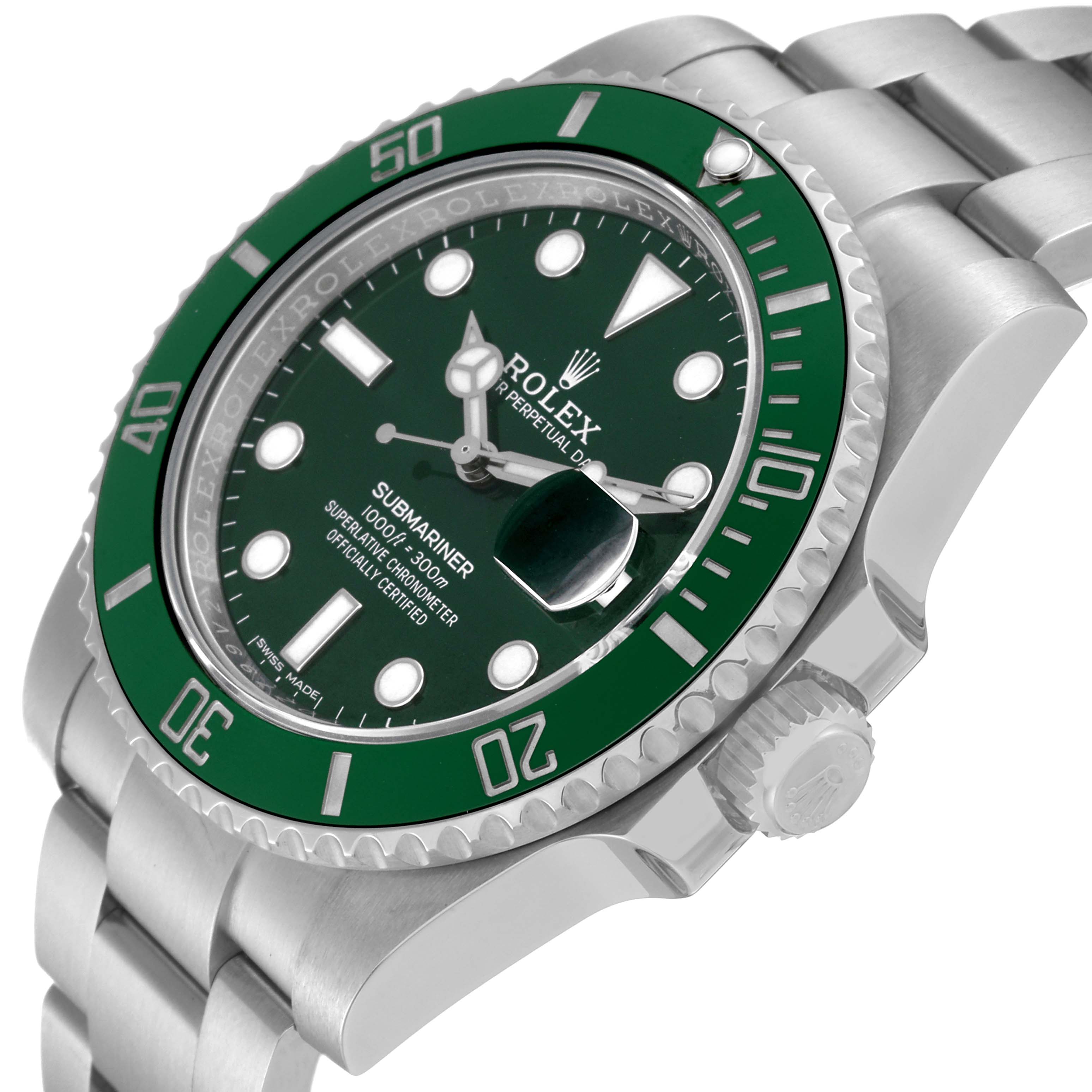 The image shows the dial, bezel, crown, and bracelet of a Rolex Submariner 116610LV Men
s Stainless Steel Green Dial 116610LV Men
s Stainless Steel Green Dial watch at an angled view.