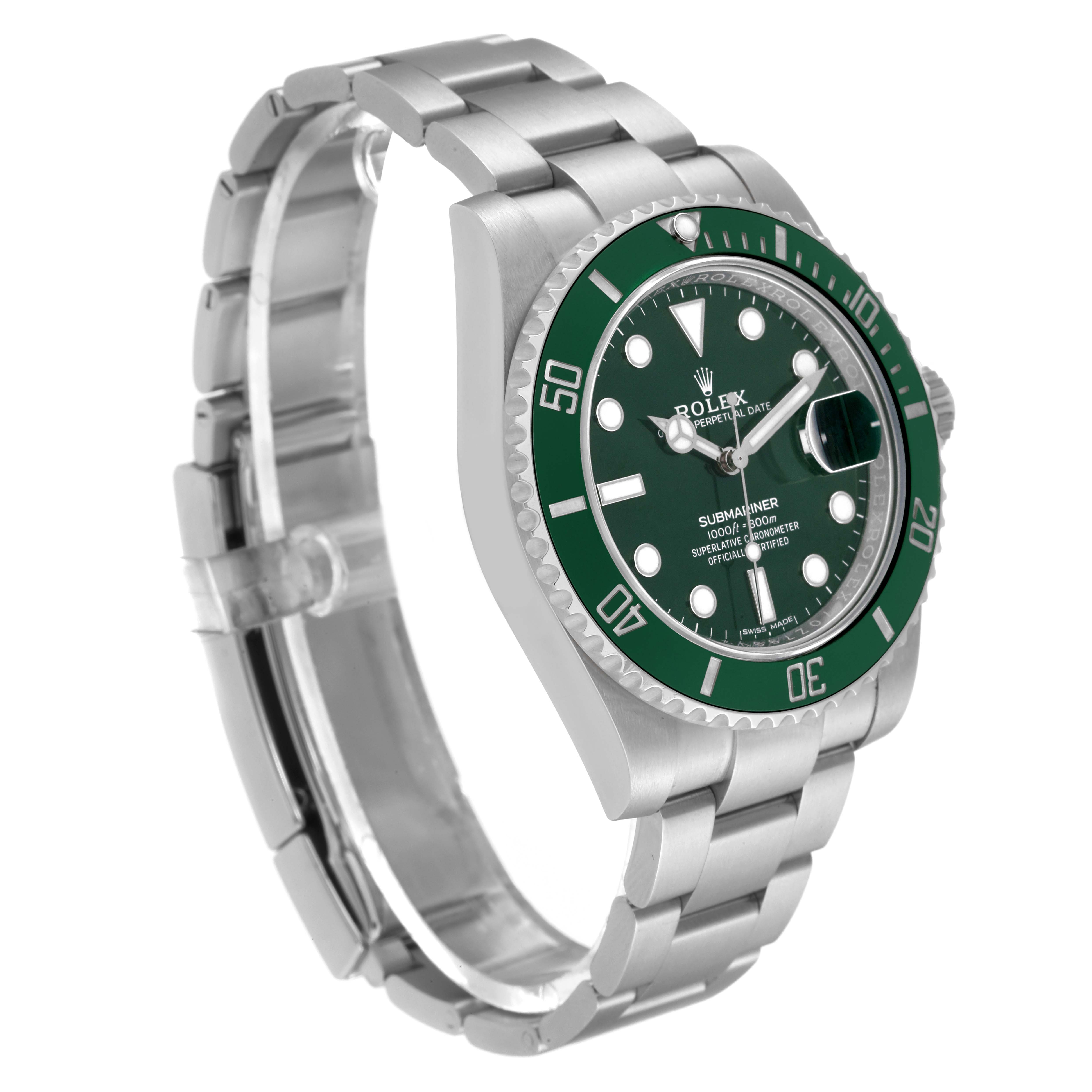 The image shows a Rolex Submariner 116610LV Men
s Stainless Steel Green Dial 116610LV Men
s Stainless Steel Green Dial watch angled from the front-left, clearly displaying the dial, bezel, and bracelet.