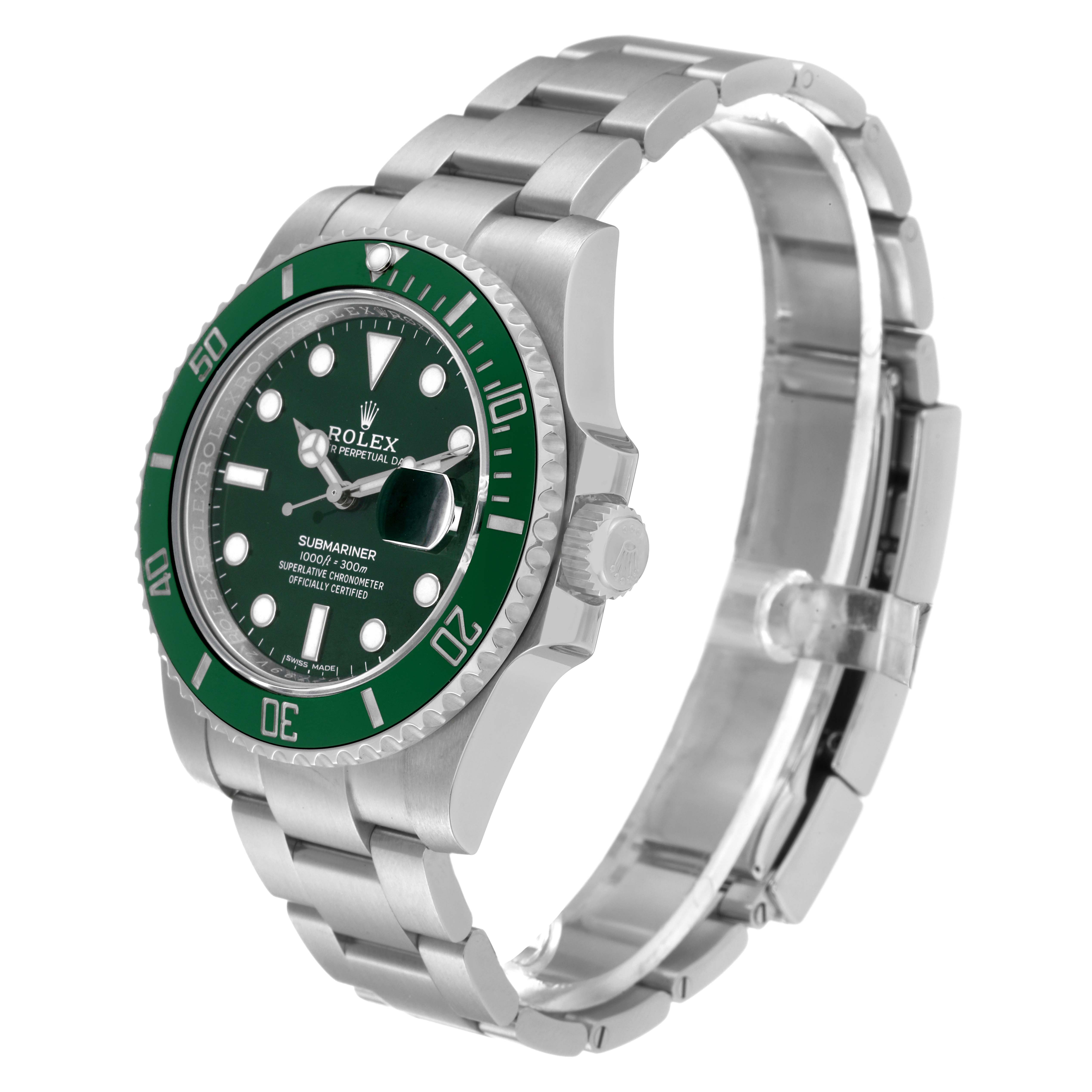 The Rolex Submariner 116610LV Men
s Stainless Steel Green Dial 116610LV Men
s Stainless Steel Green Dial watch is shown at a three-quarter angle, displaying the green bezel, dial, crown, and bracelet.