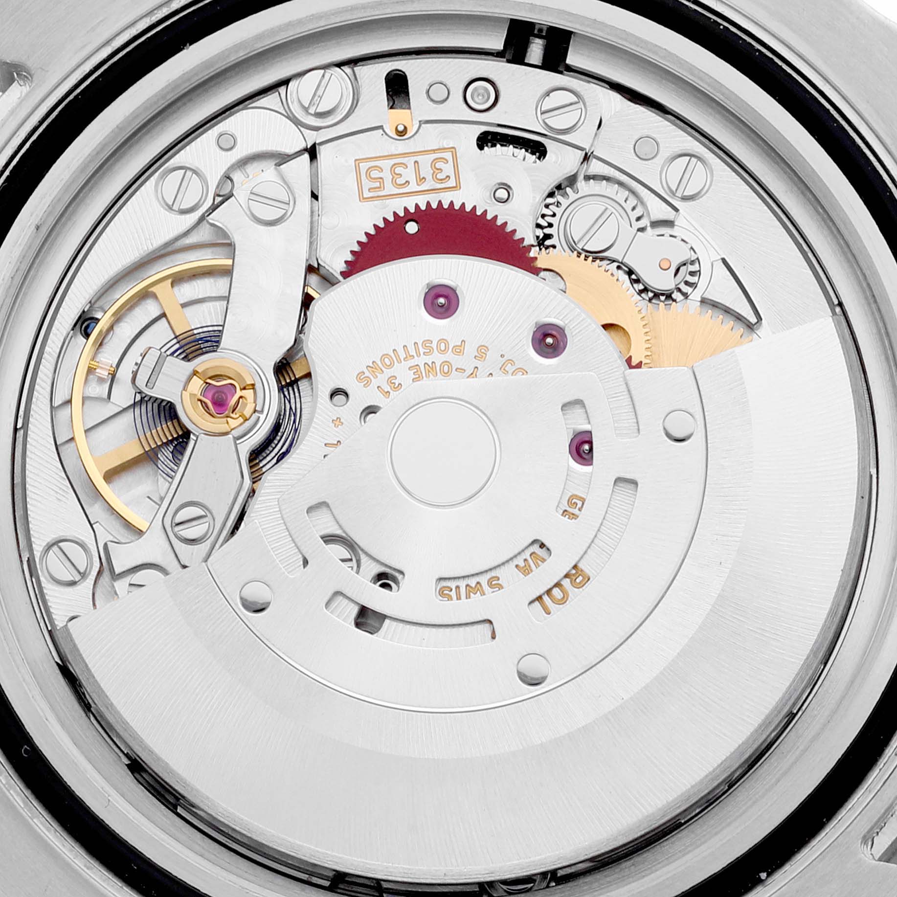 This close-up shot displays the intricate movement mechanism inside a Rolex Submariner 116610LV Men
s Stainless Steel Green Dial 116610LV Men
s Stainless Steel Green Dial watch.