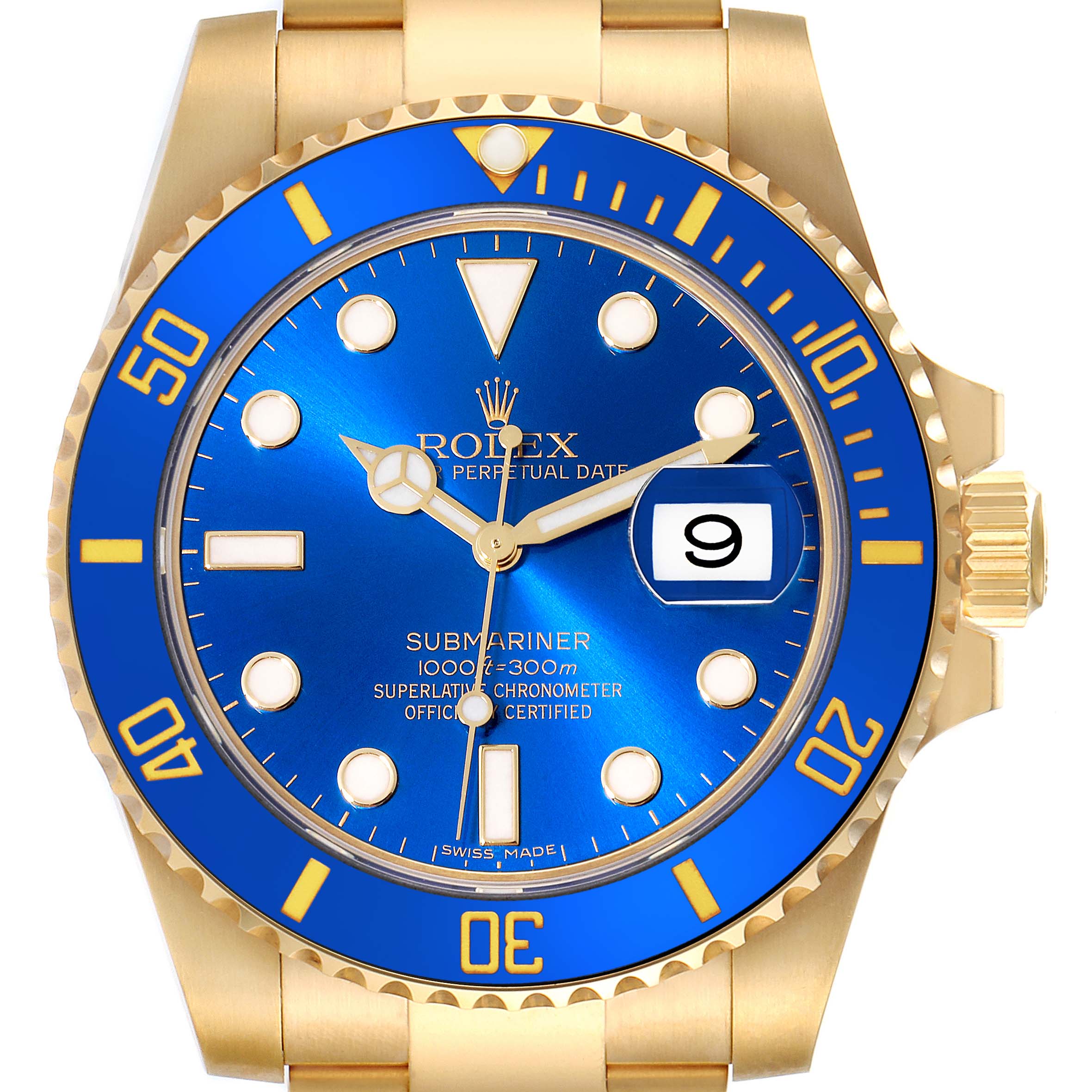 The image shows the Rolex Submariner 116618 Men's Yellow Gold Blue Dial 116618 Men's Yellow Gold Blue Dial watch face and bezel from a front angle, displaying its dial, markers, and date window.