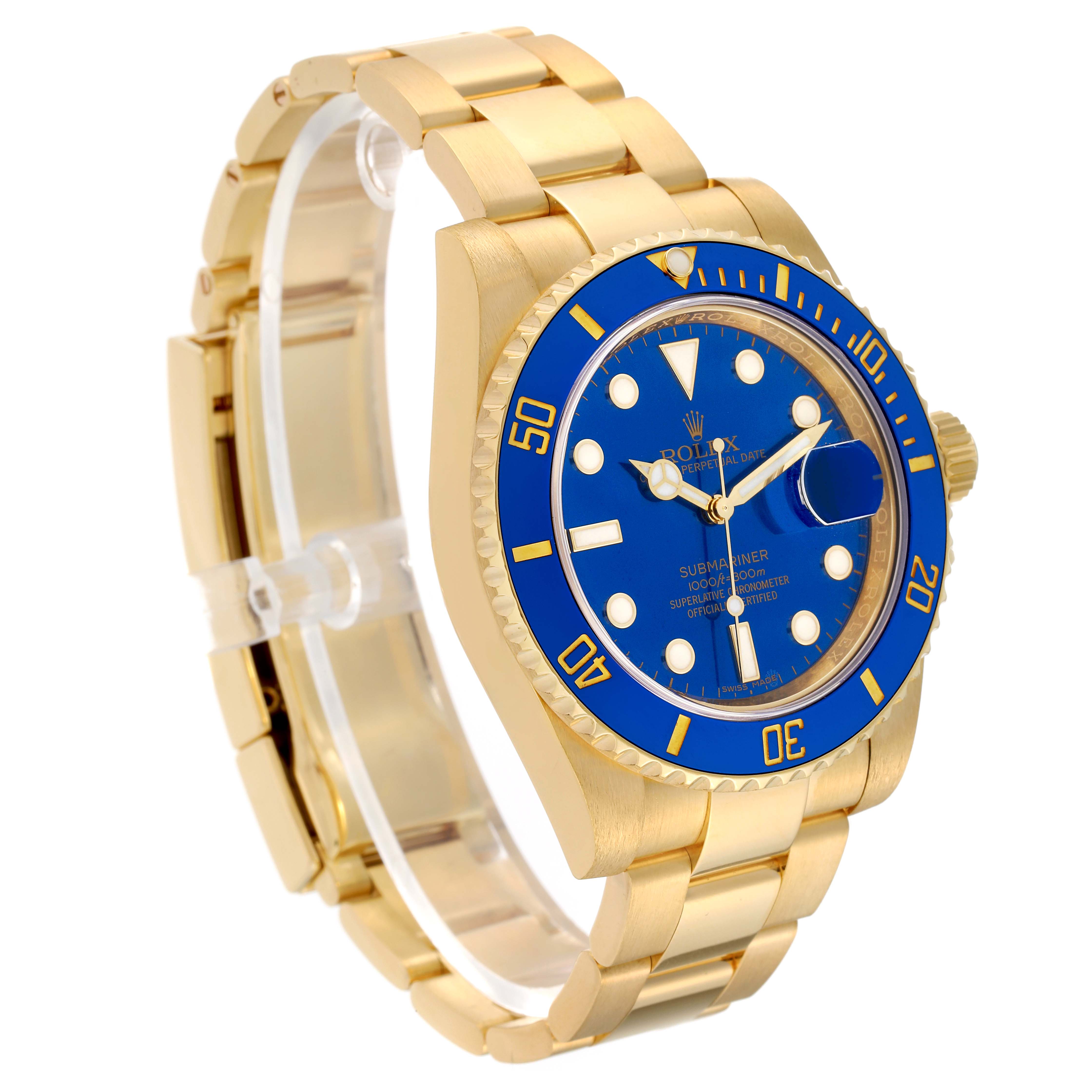 The image shows a Rolex Submariner 116618 Men's Yellow Gold Blue Dial 116618 Men's Yellow Gold Blue Dial watch, angled slightly left, showcasing the gold bracelet, blue dial, and bezel.