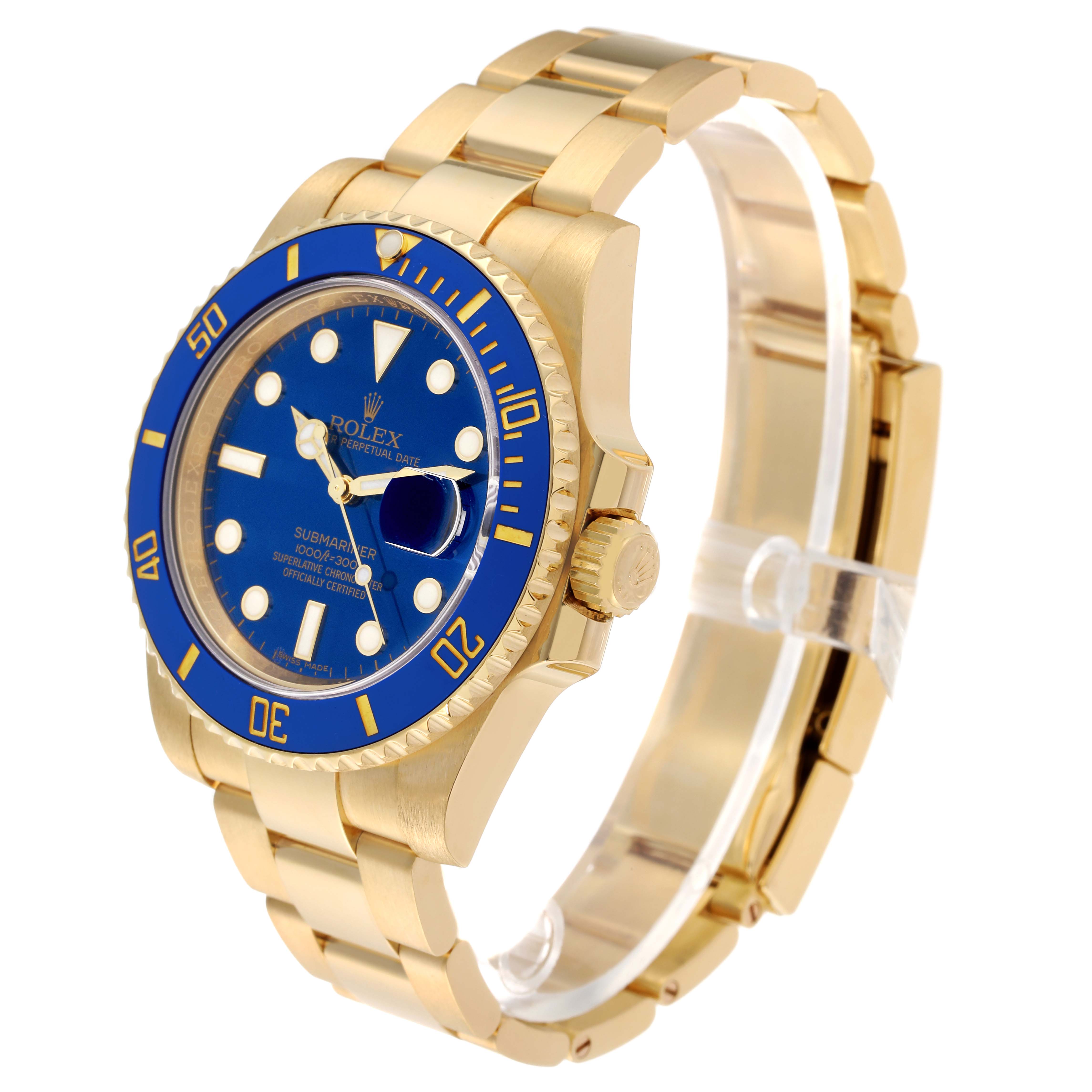 The Rolex Submariner 116618 Men's Yellow Gold Blue Dial 116618 Men's Yellow Gold Blue Dial watch is shown at a three-quarter angle, highlighting its blue dial, gold bracelet, and bezel.