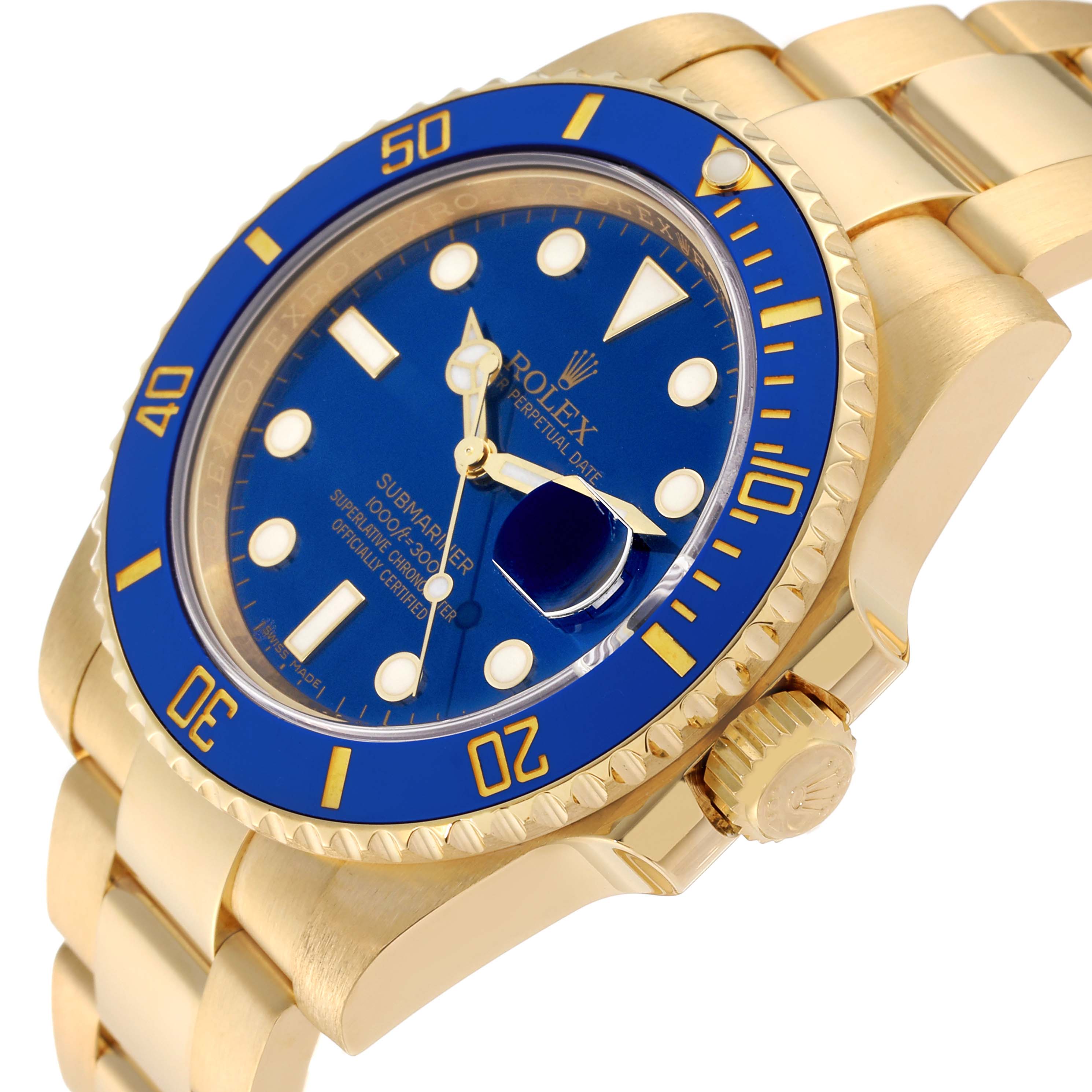 This image shows the Rolex Submariner 116618 Men's Yellow Gold Blue Dial 116618 Men's Yellow Gold Blue Dial watch at an angled view, highlighting its blue bezel, crown, and part of the bracelet.