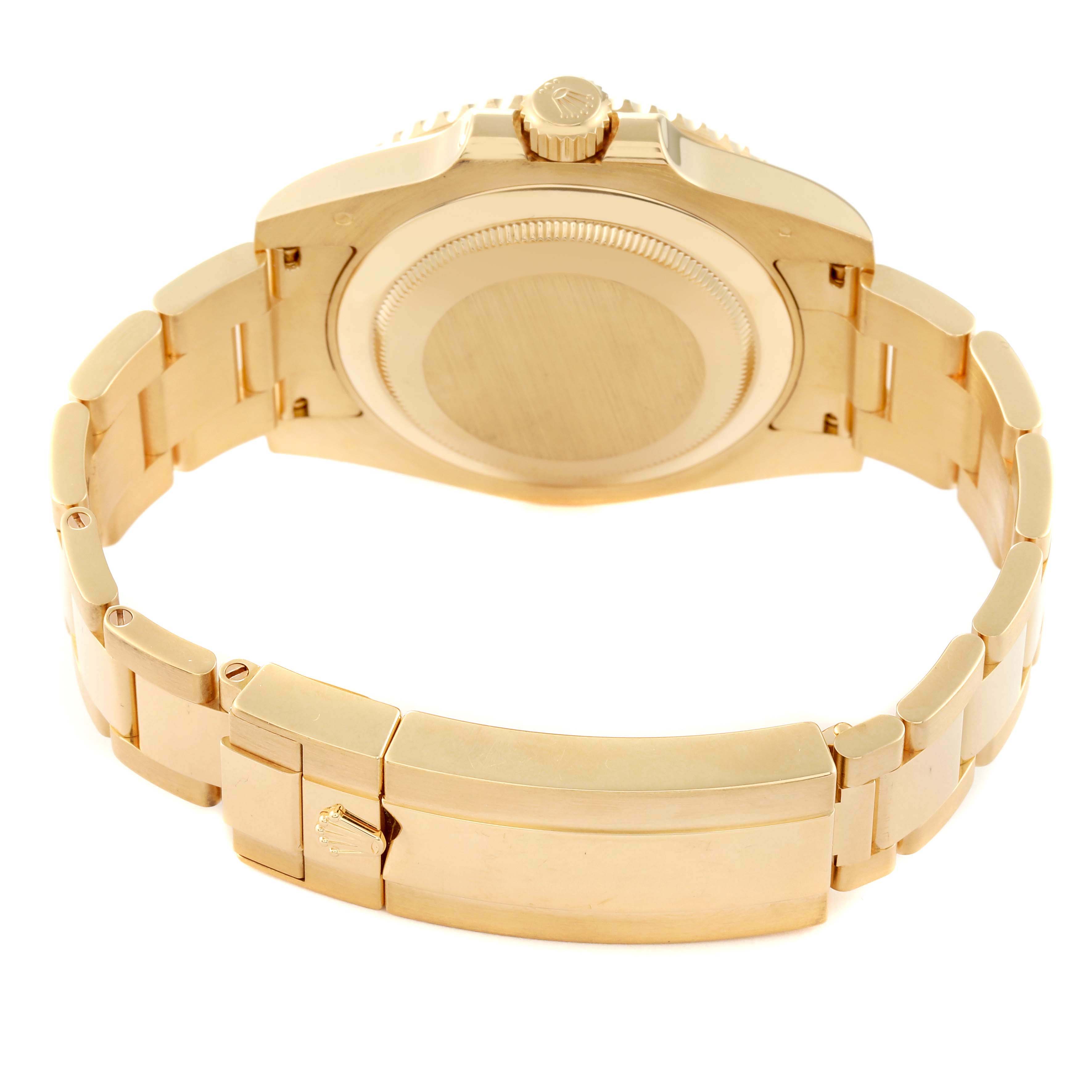 This image shows the back case and bracelet clasp of a Rolex Submariner 116618 Men's Yellow Gold Blue Dial 116618 Men's Yellow Gold Blue Dial watch from a rear angle.
